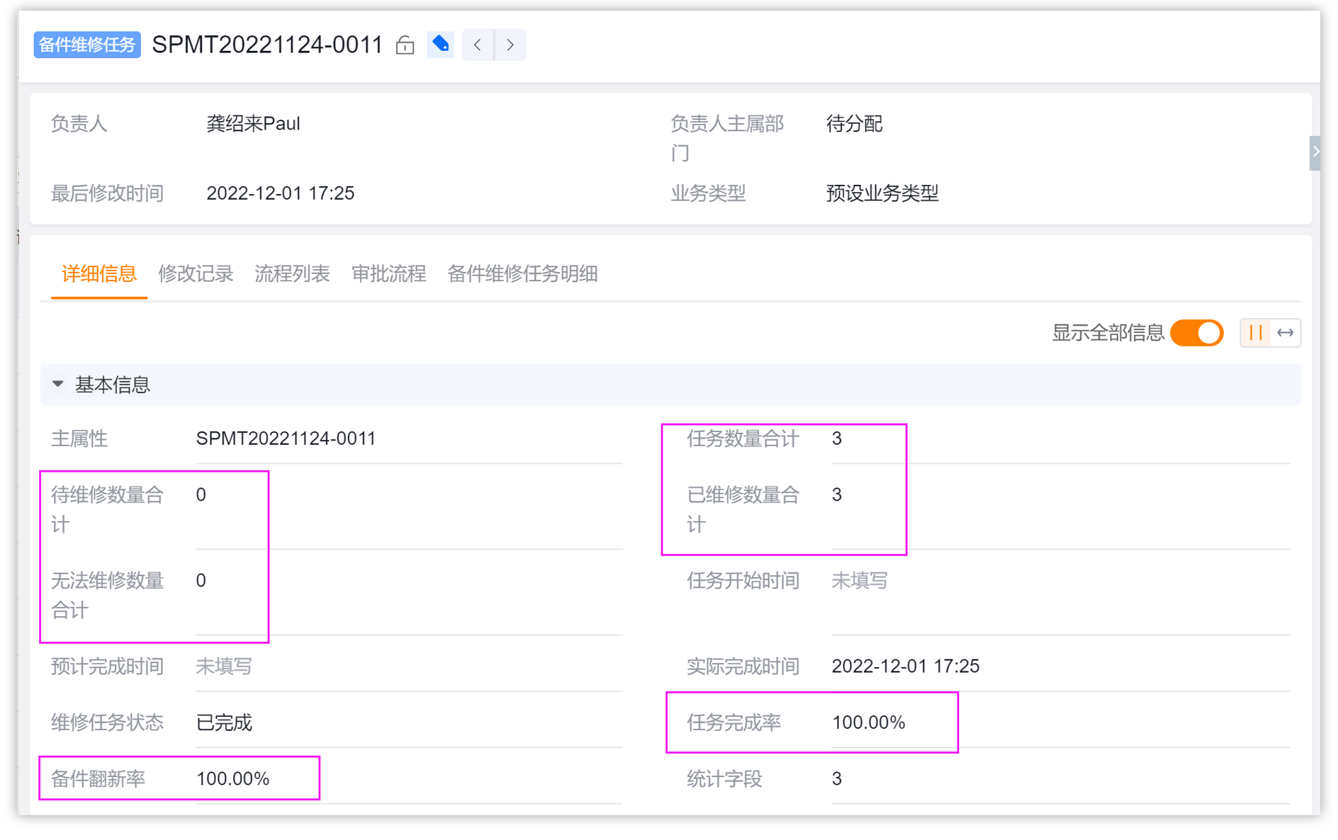 查询备件维修任务完成情况