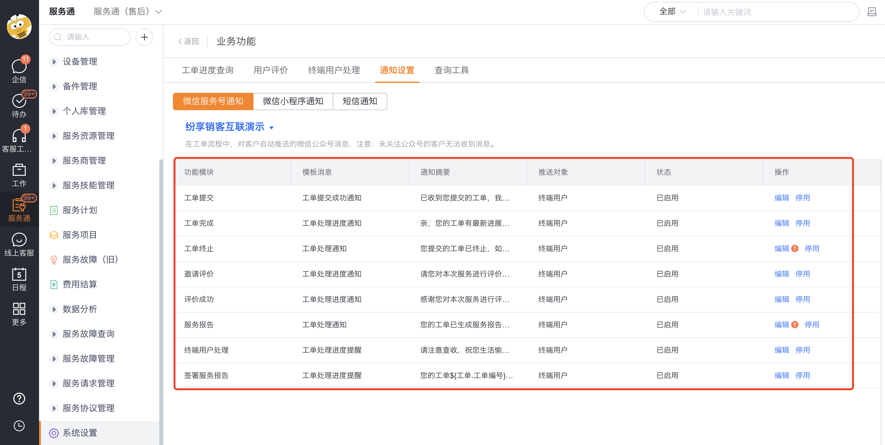 检查微信服务号的邀请评价通知