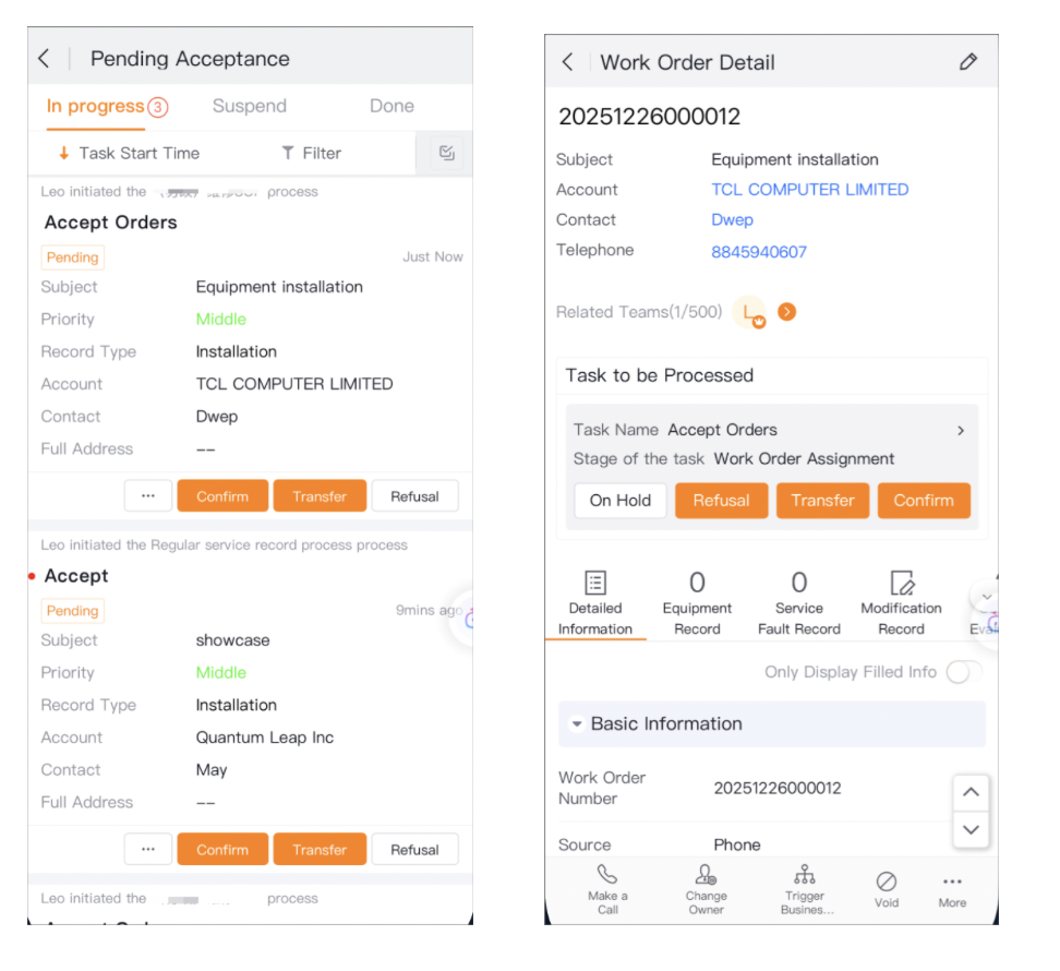 Accept, reject, or transfer a work order in the App