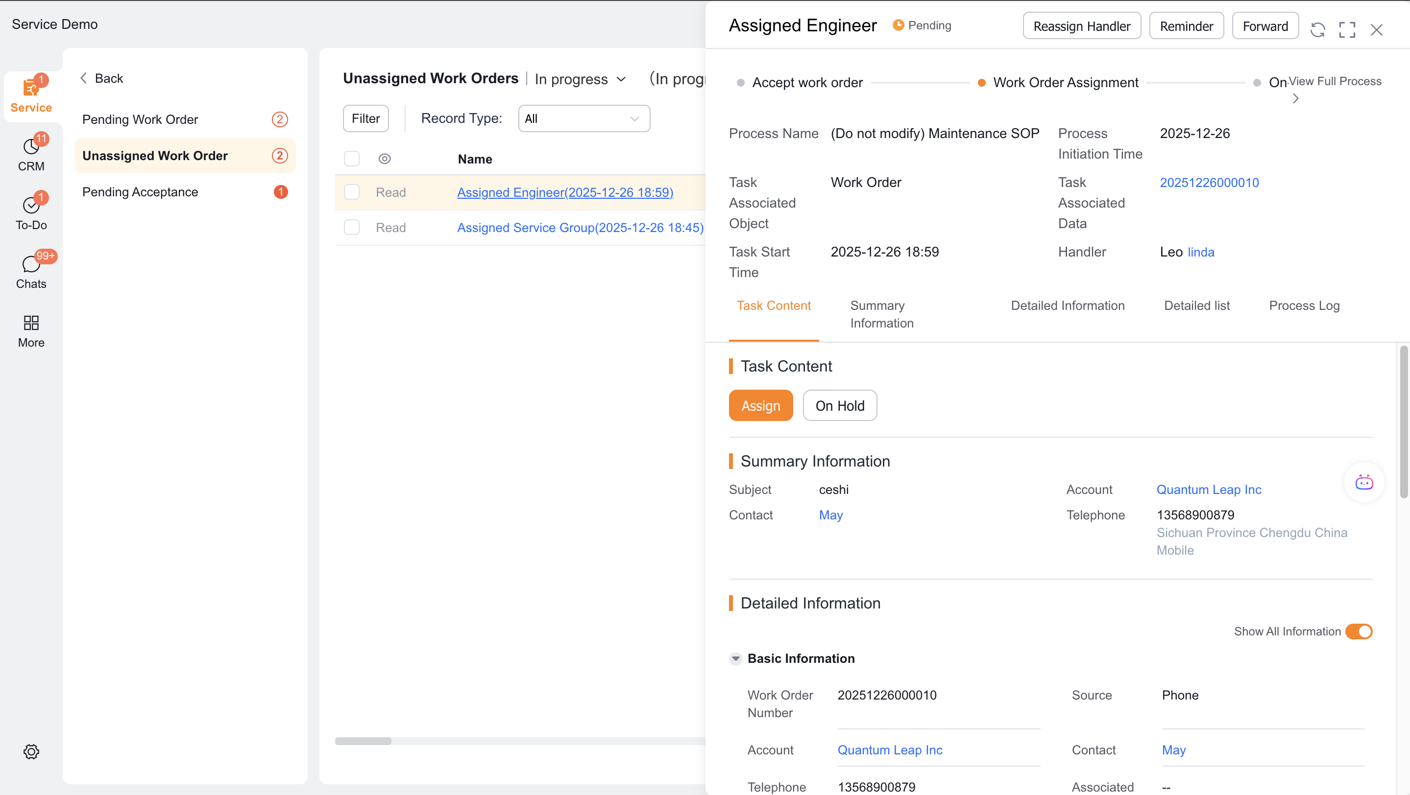 Select a work order for assignment