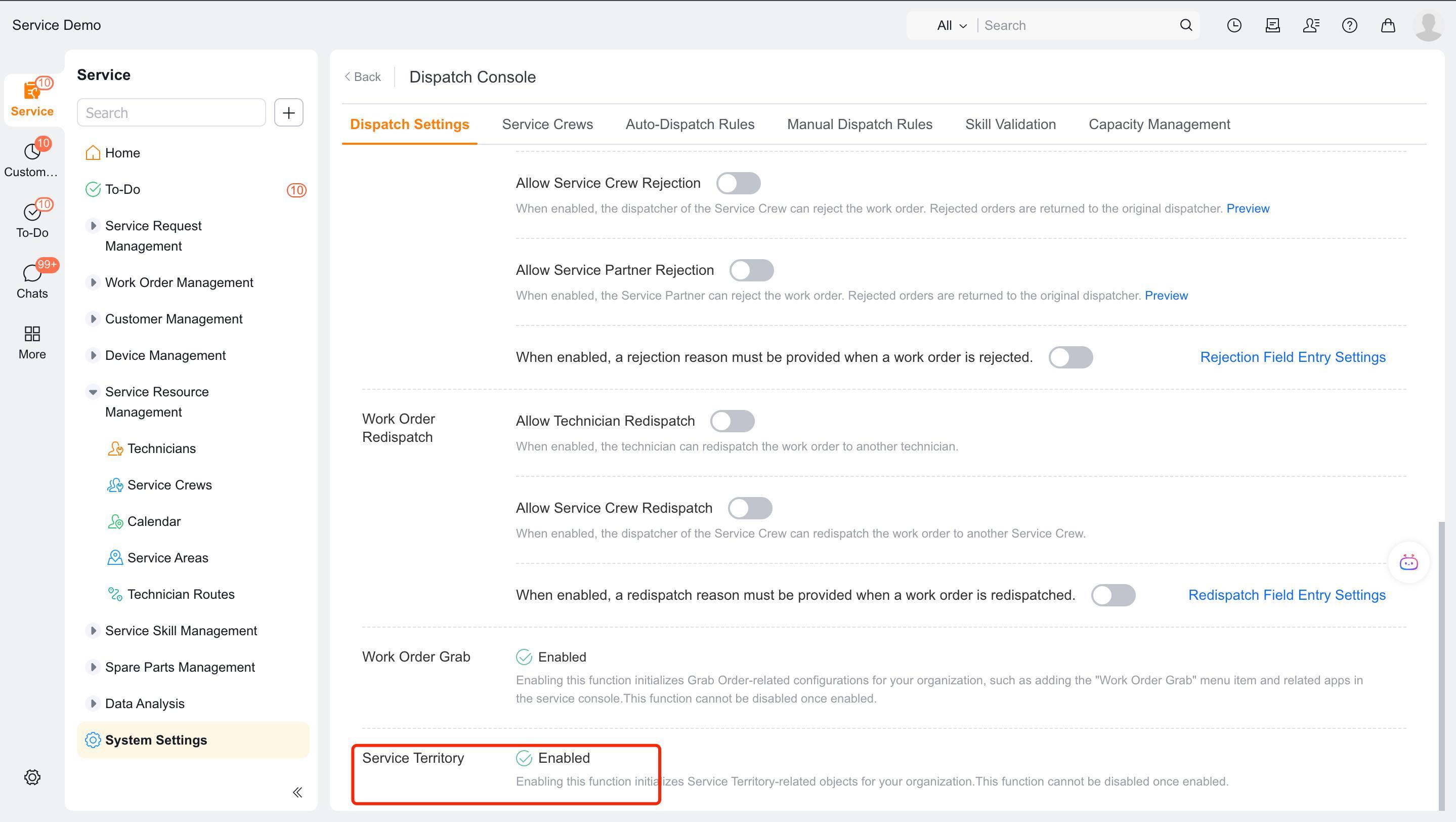 Enable service area function