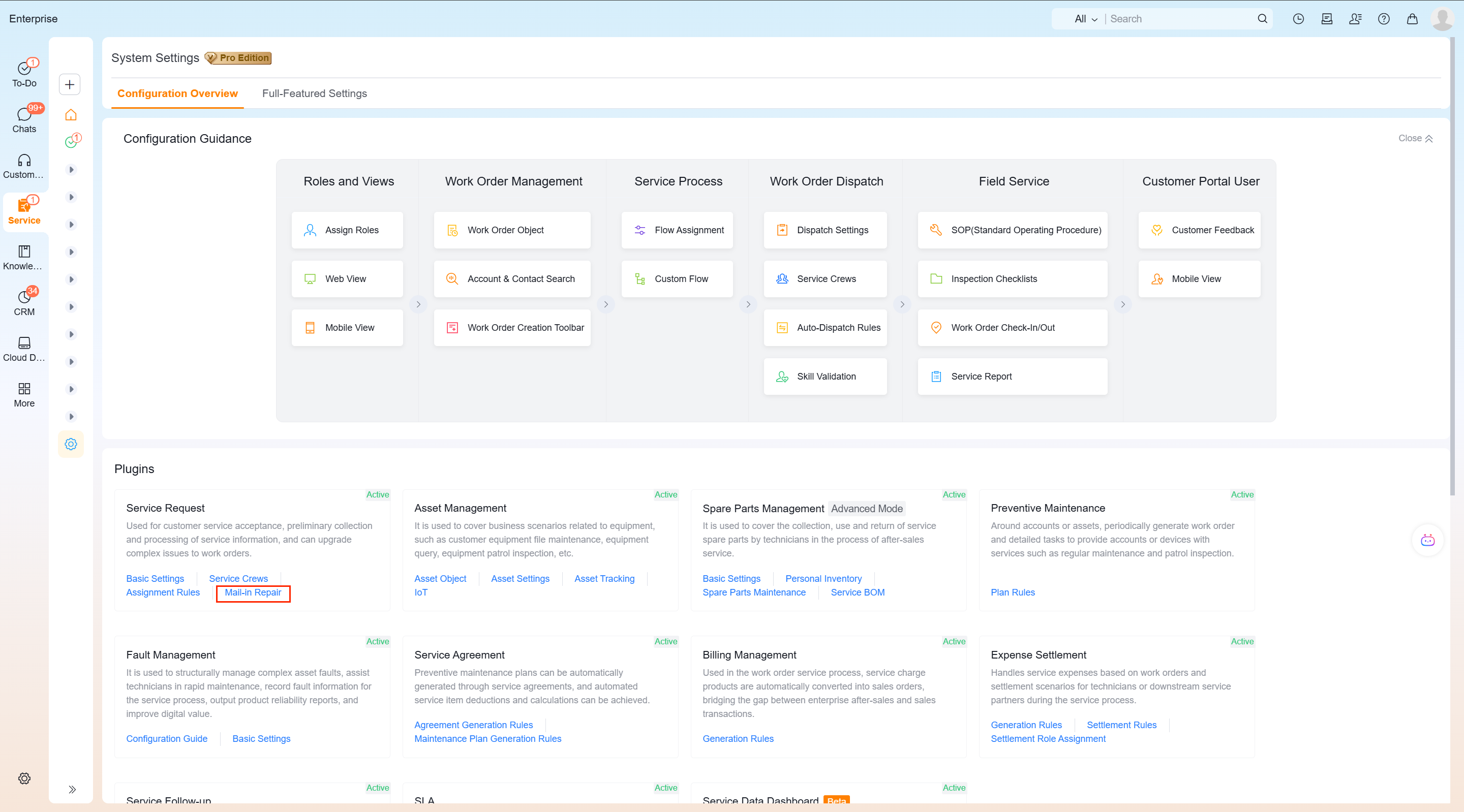 Open send-in repair settings for service requests