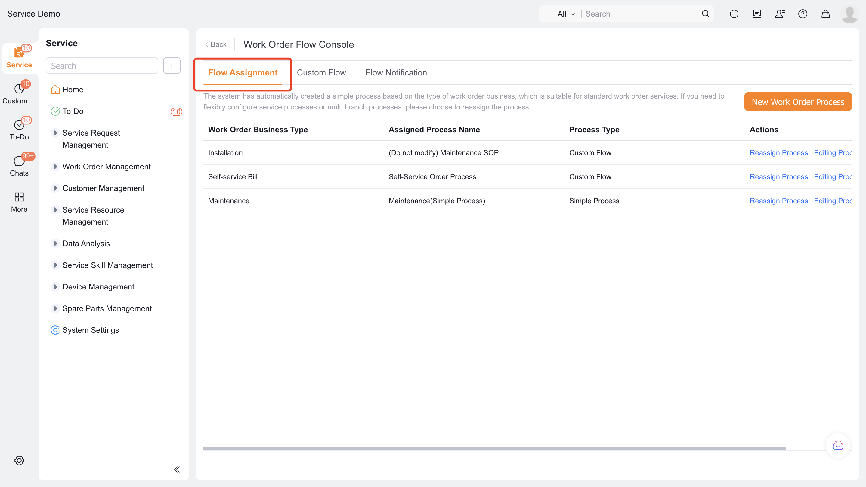 Open Flow Assignment from Service Pass system settings