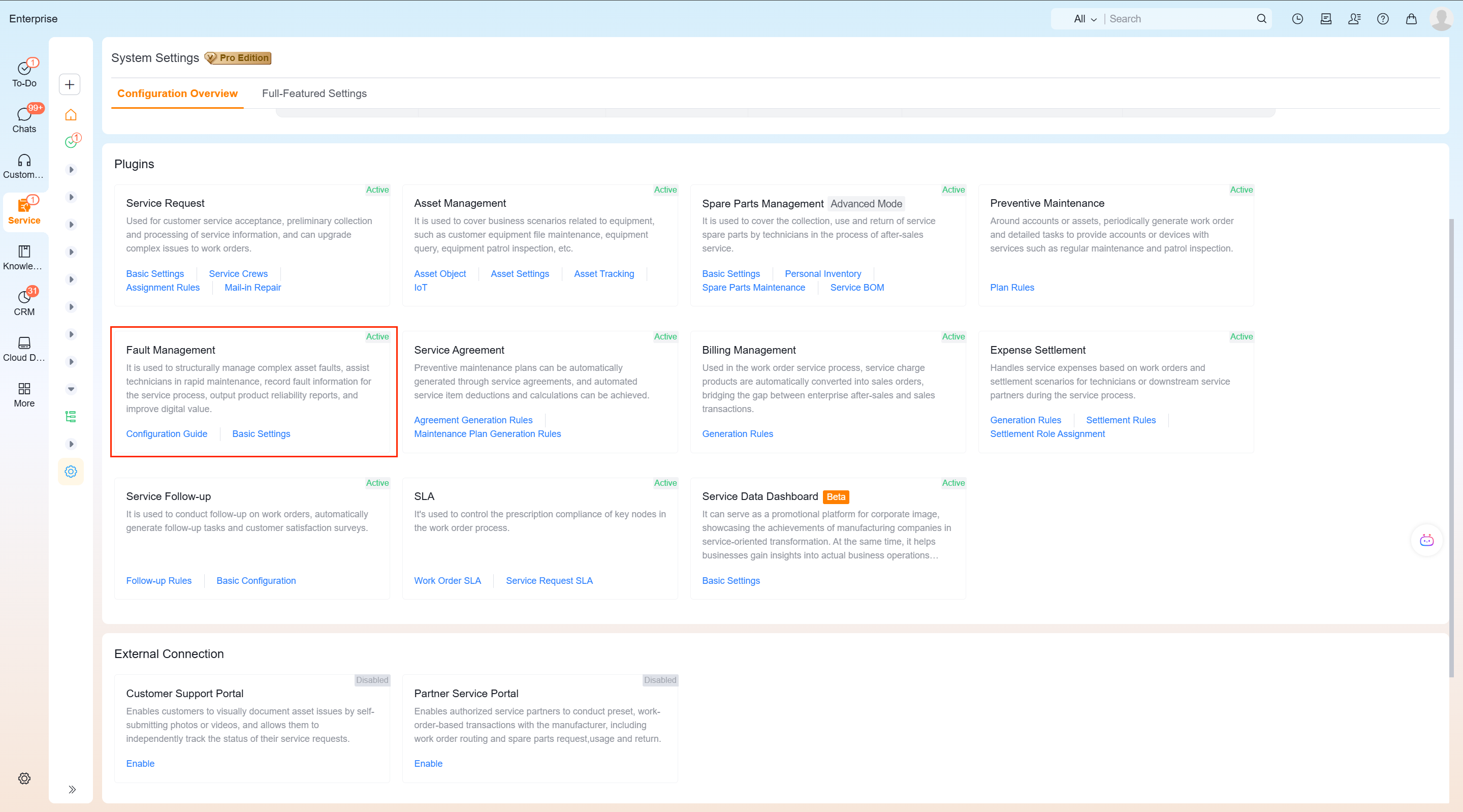 Service fault business plug-in in Service Pass system settings