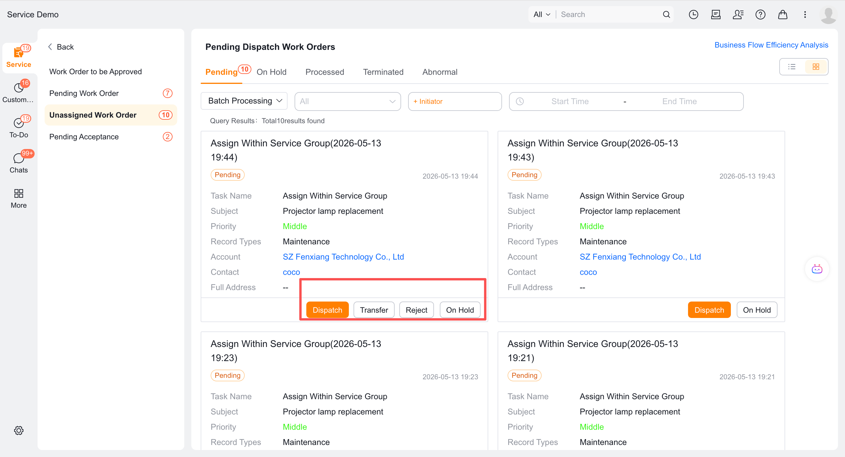 Select transfer or rejection for a pending work order