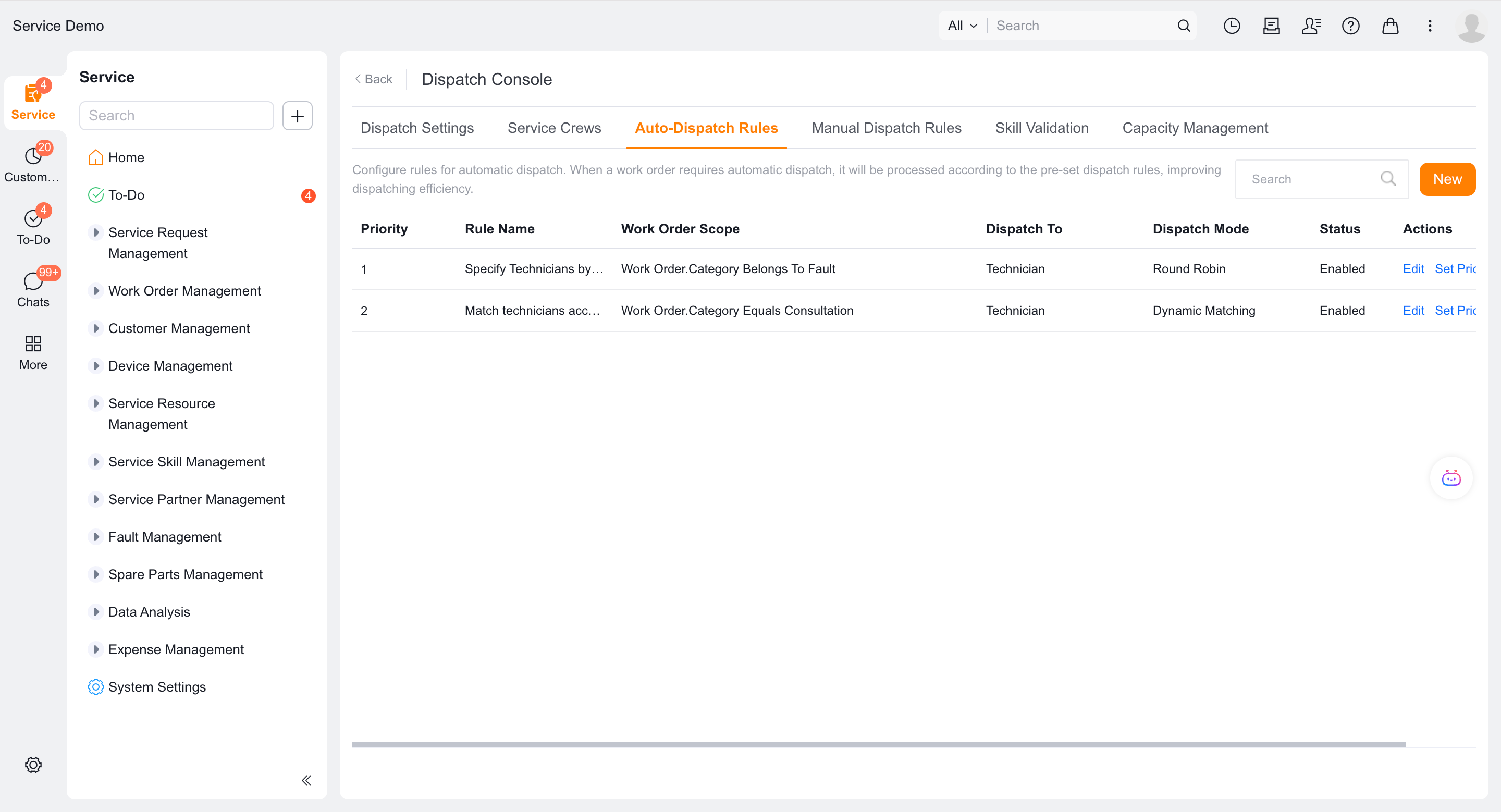 Configure service group auto dispatch rules and priorities