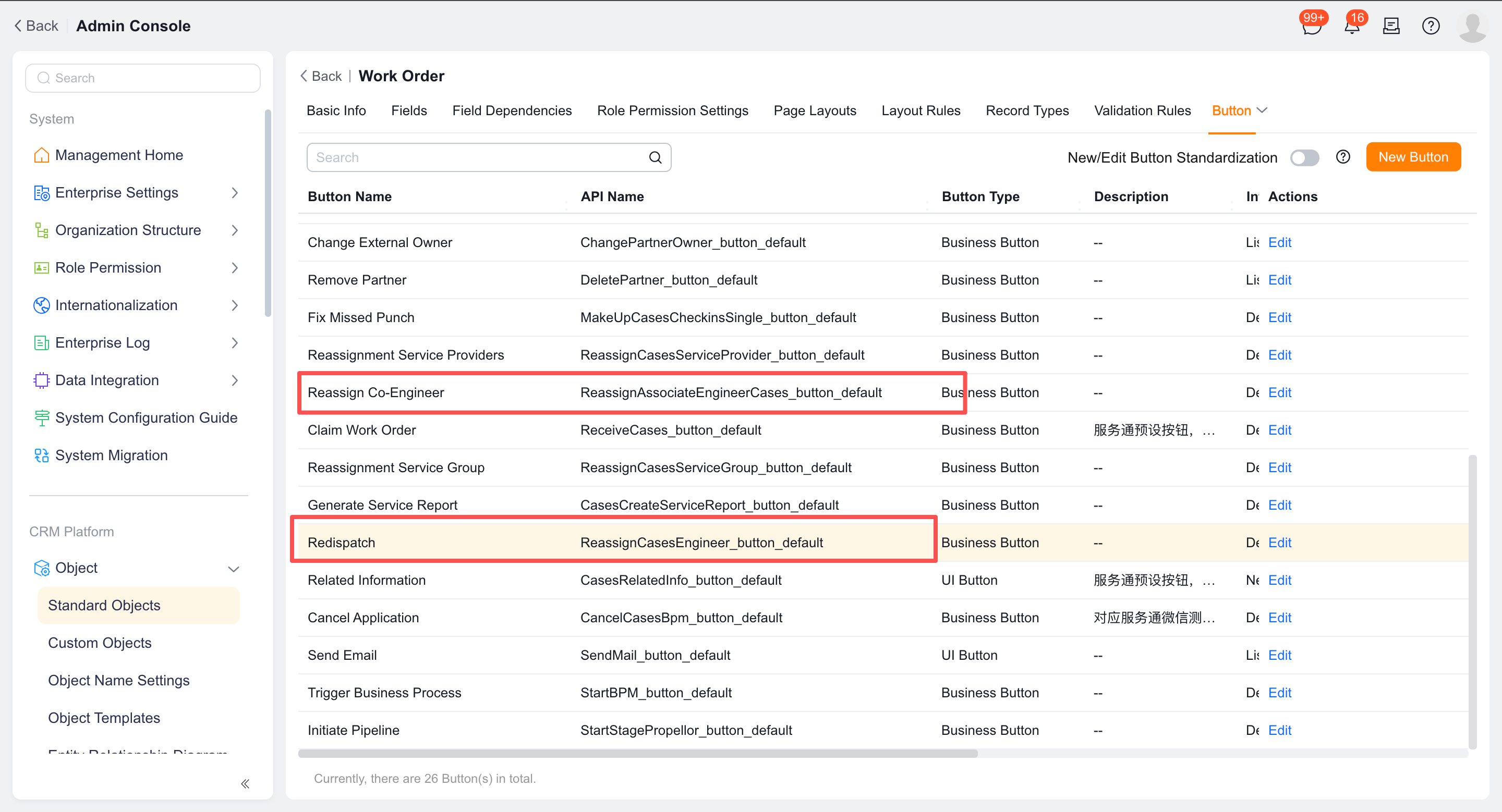 Edit work order reassignment button