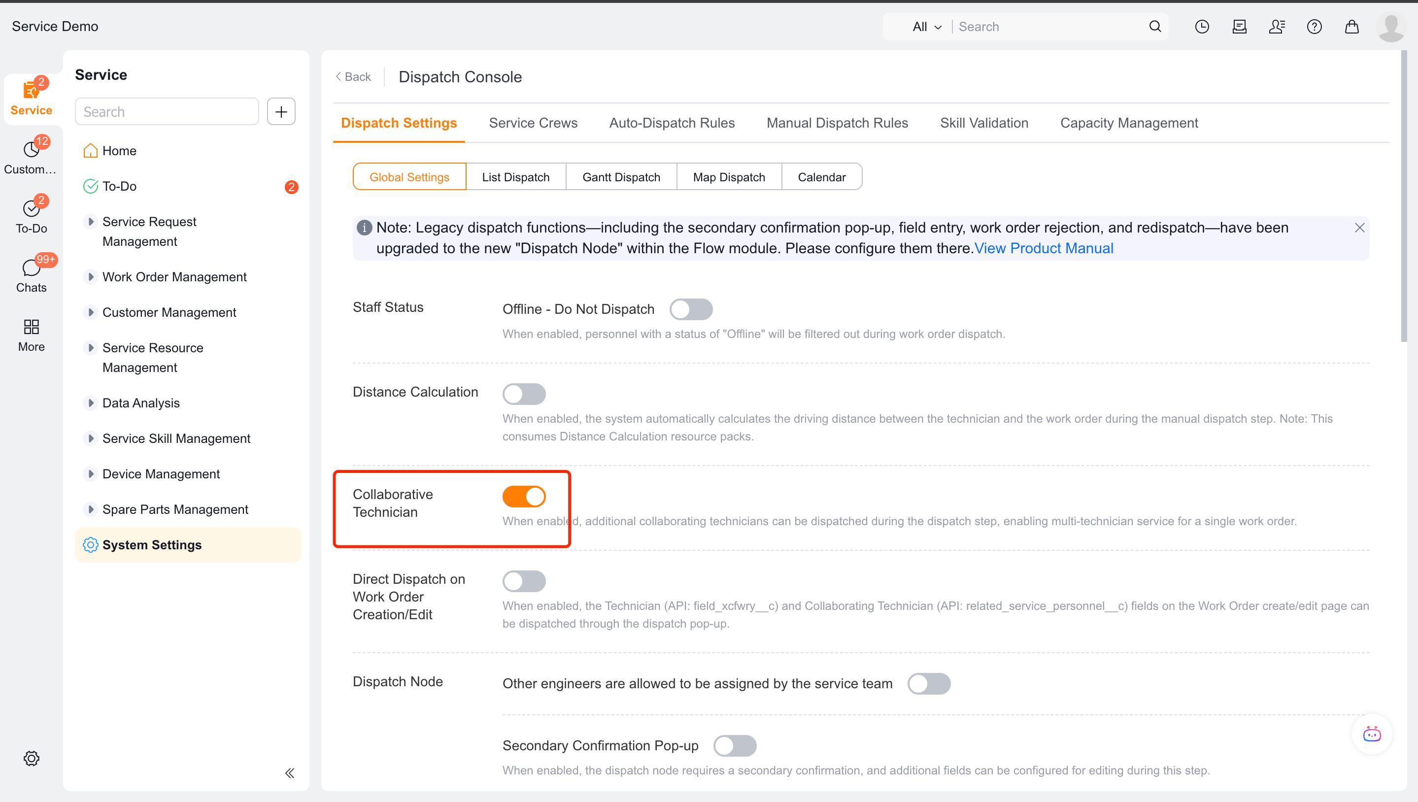 Select a collaborative engineer on the dispatch page