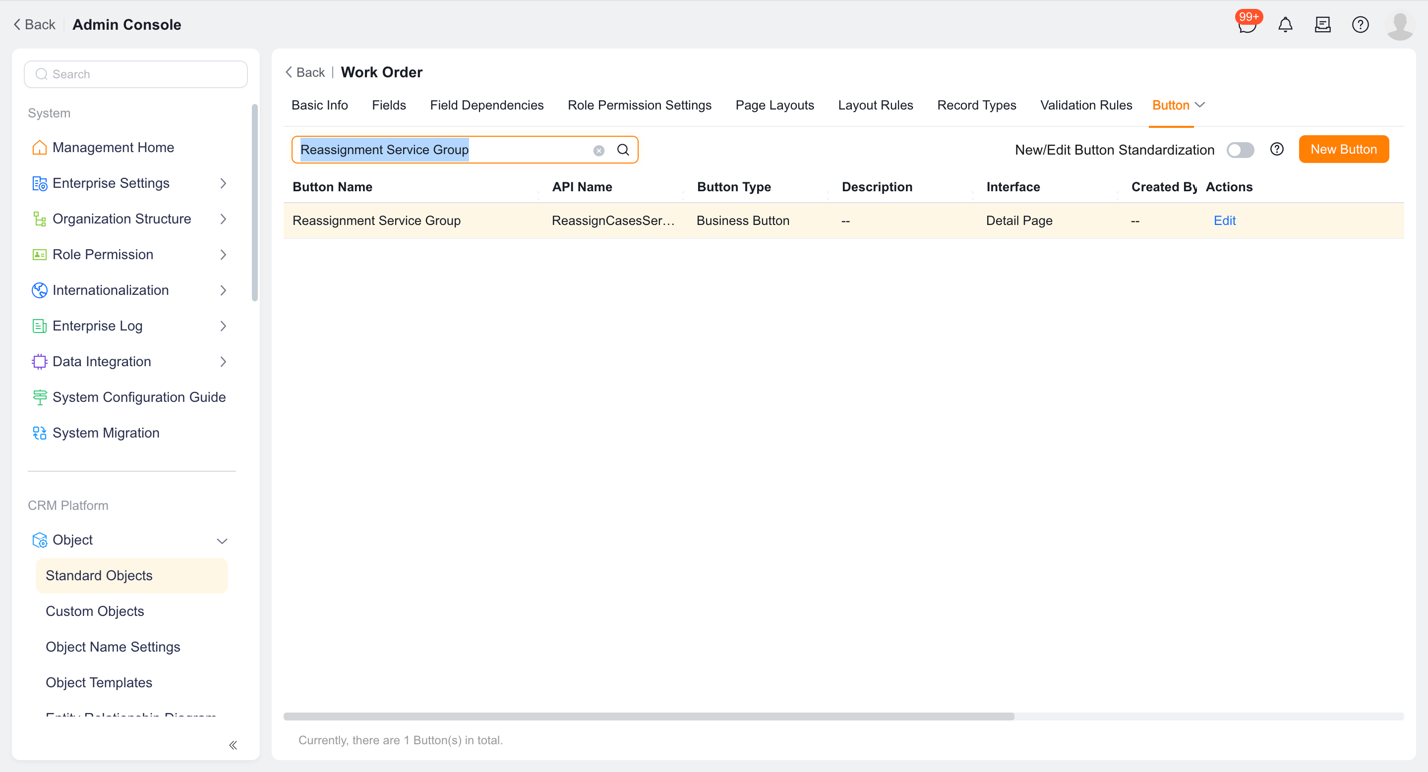 Edit the work order's Reassign Service Group button
