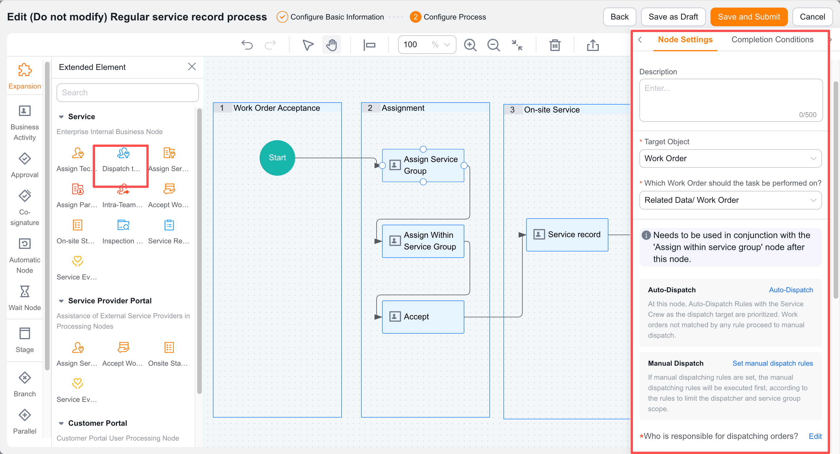 Confirm that the rule is applied to the Assign Service Group node