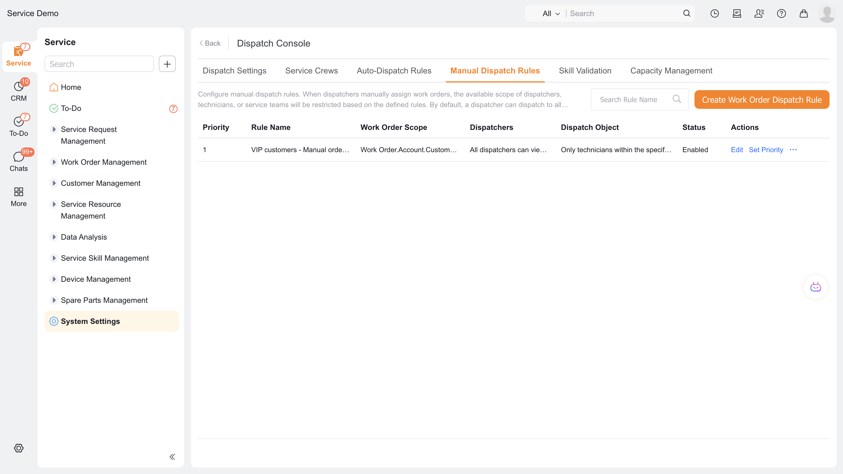 Set rules and priorities for manual dispatch of engineers