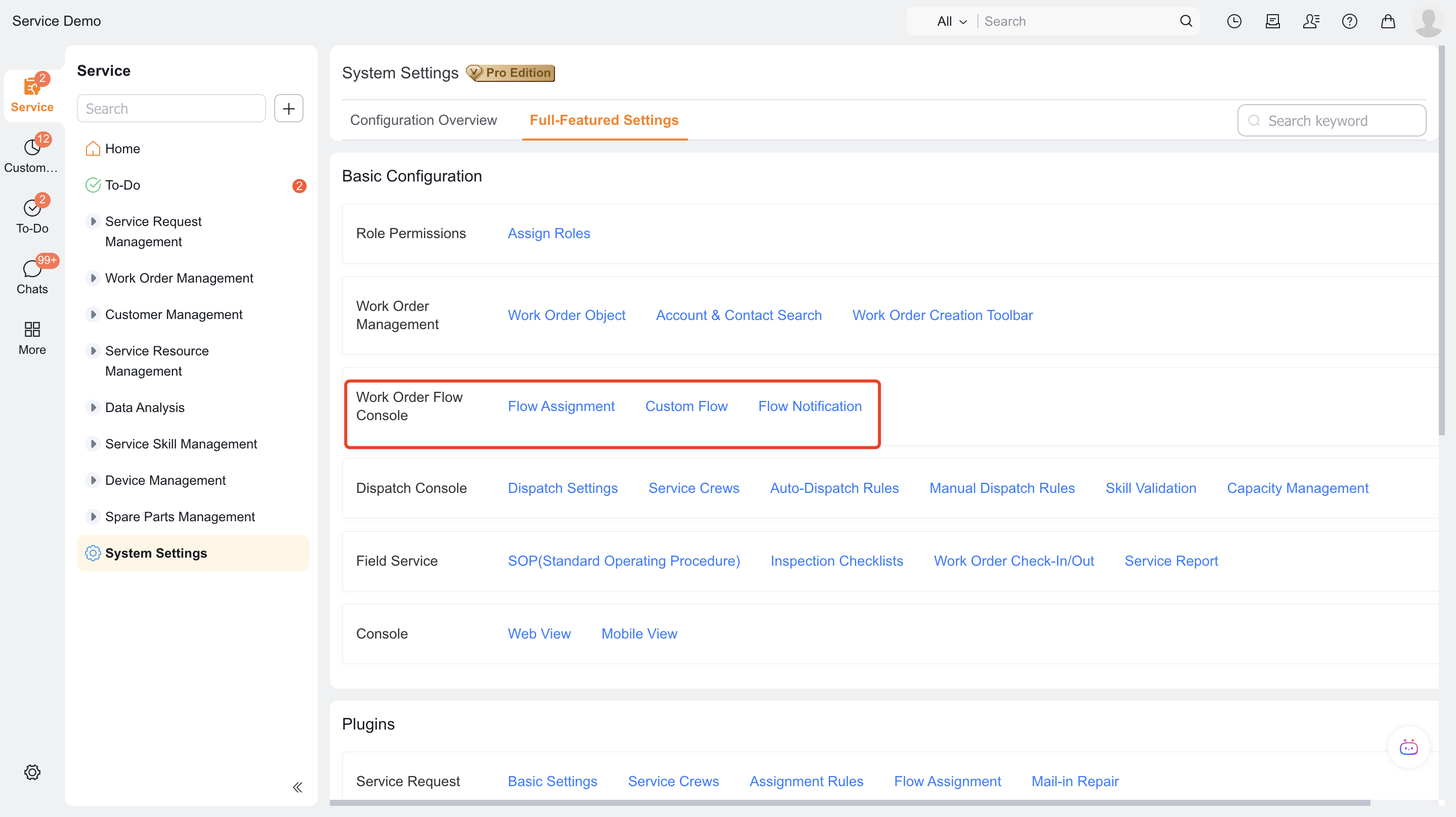 Enter service process allocation configuration when selecting work order process mode