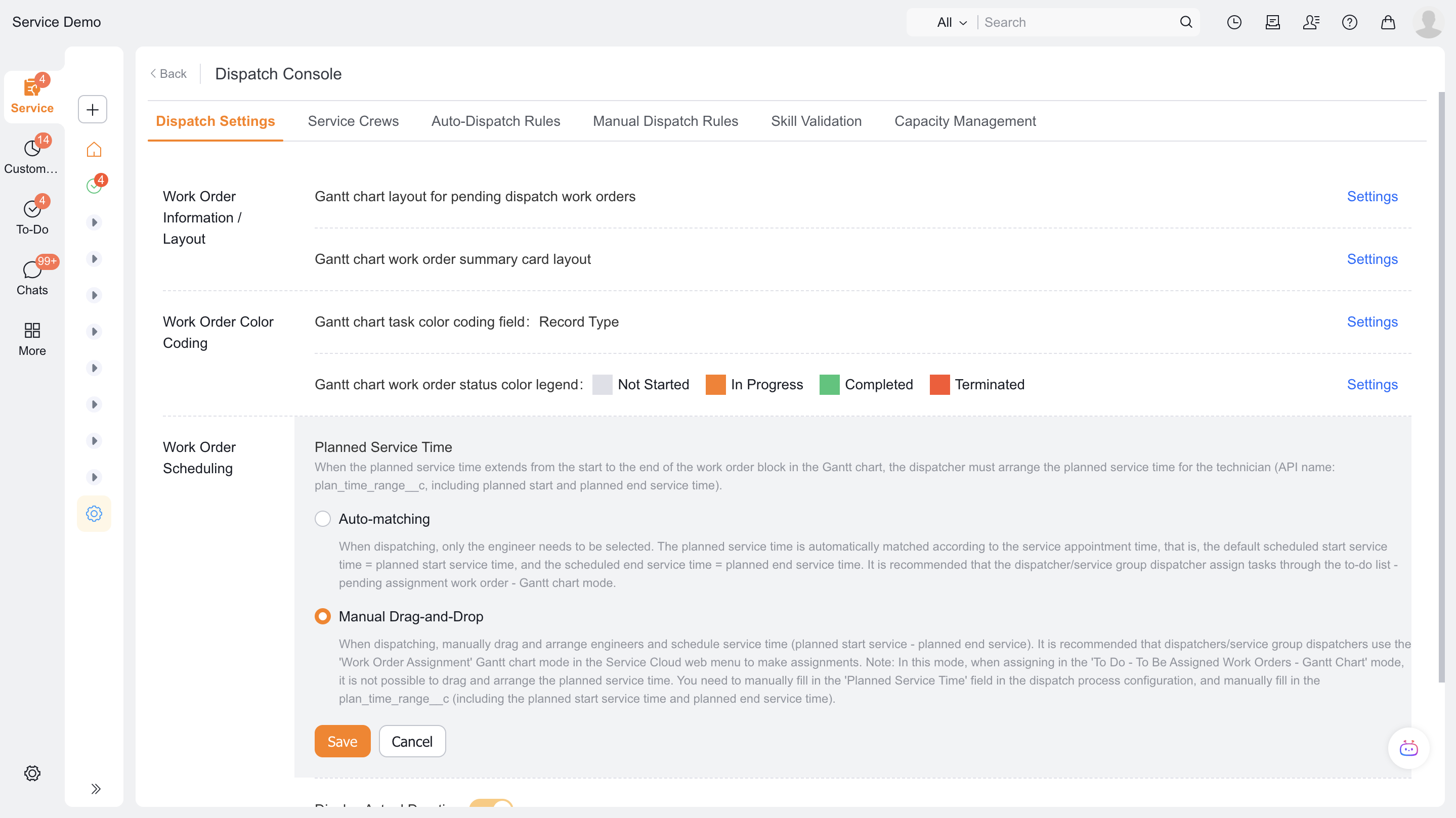 Configure automatic planned-service-time matching for Gantt dispatch
