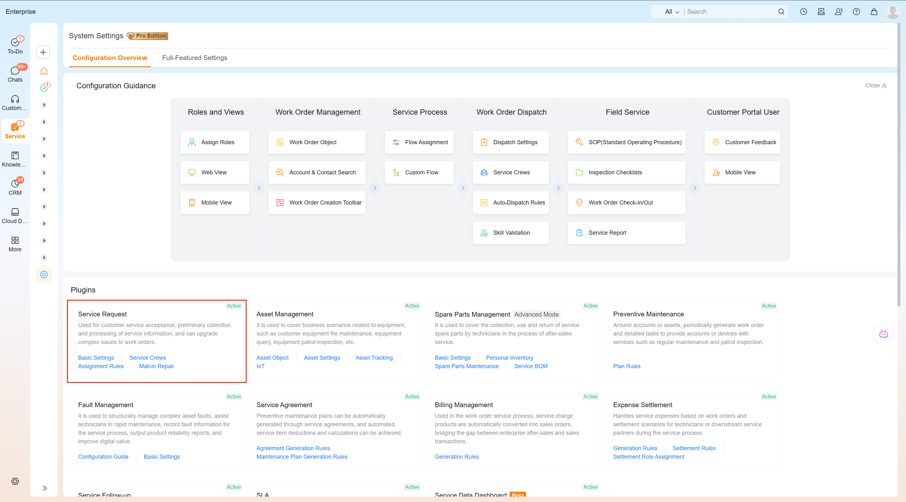 Find the service request plug-in in the service system settings