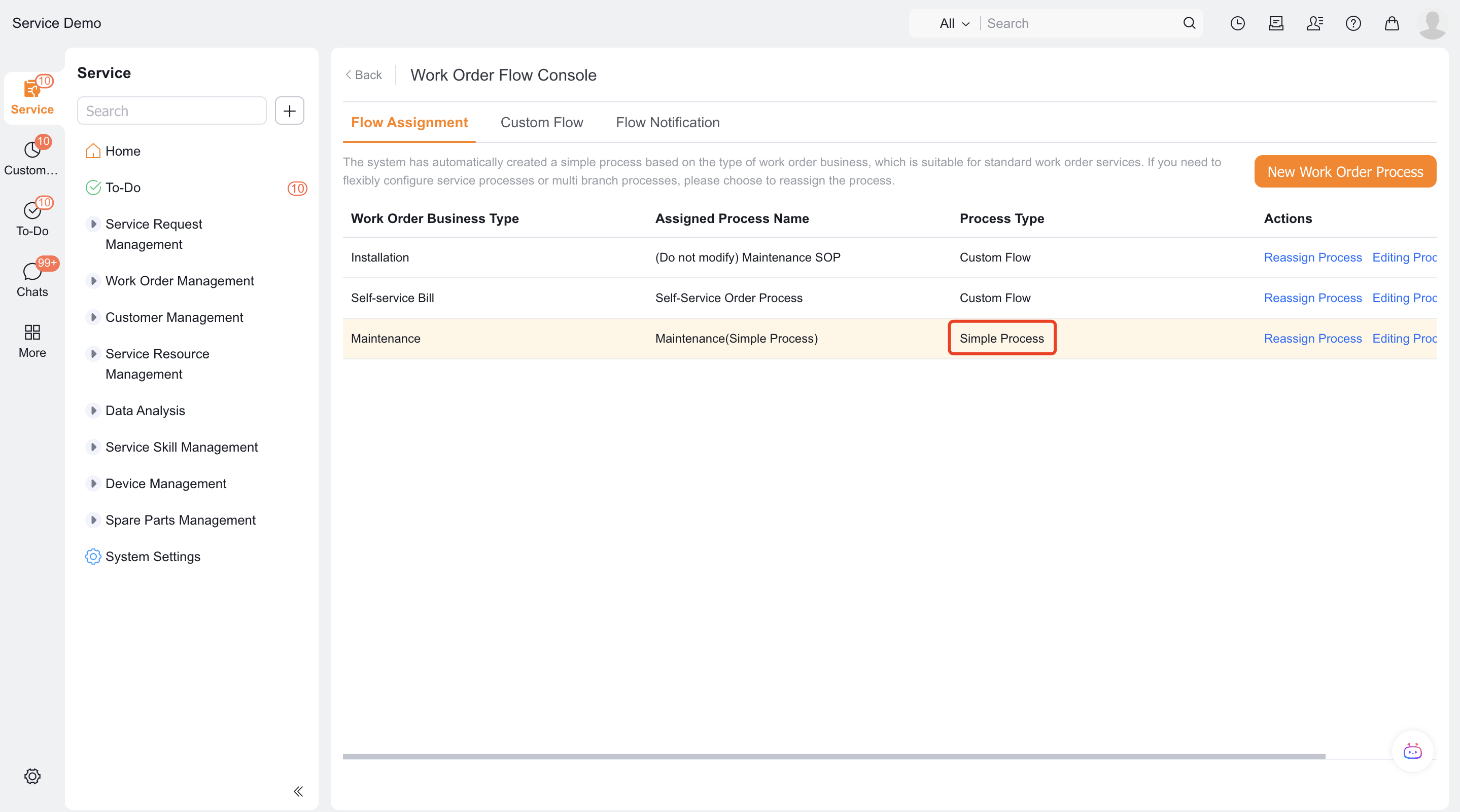 Select a simple process from Flow Assignment
