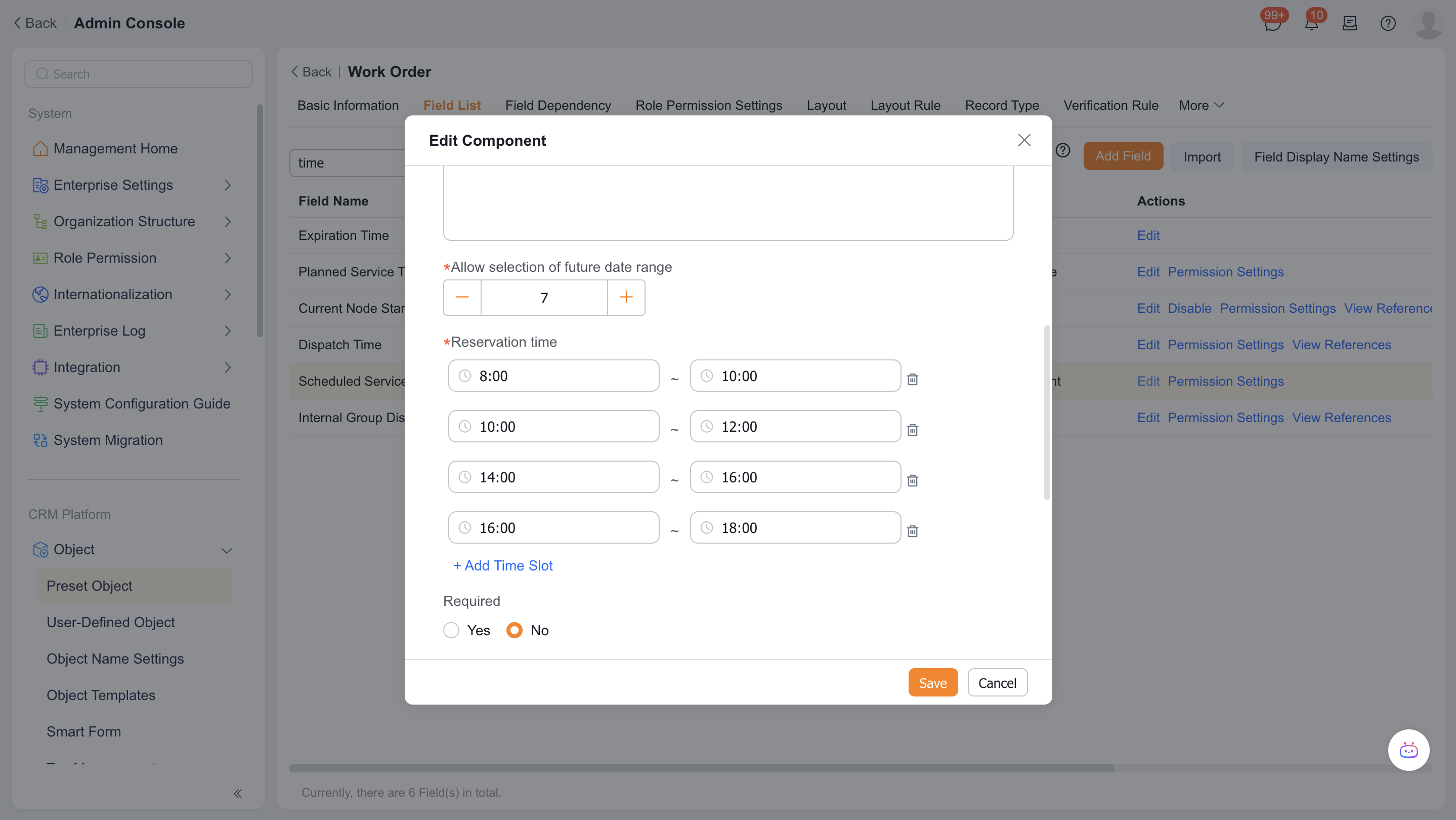 Configure whether the work order appointment time is required