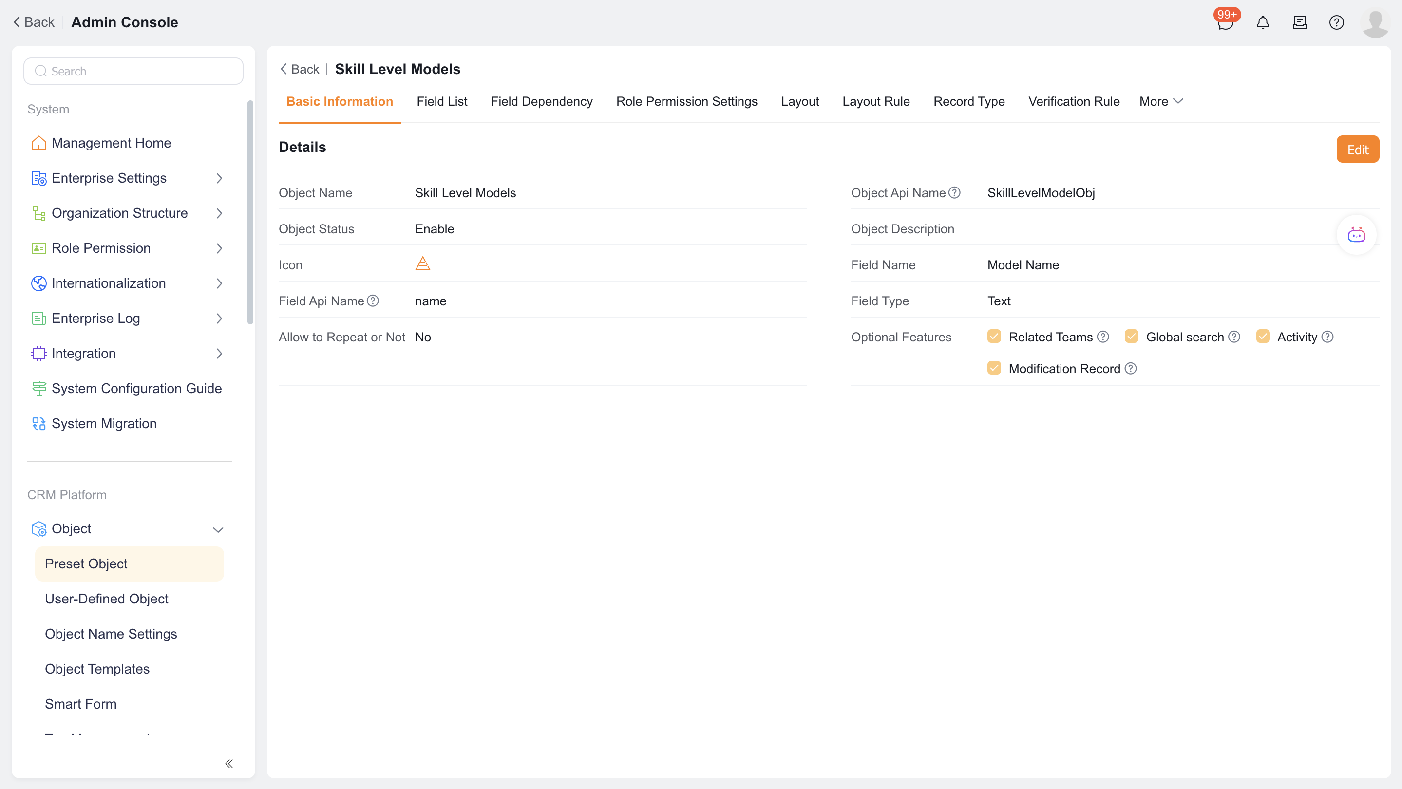 View skill level model object