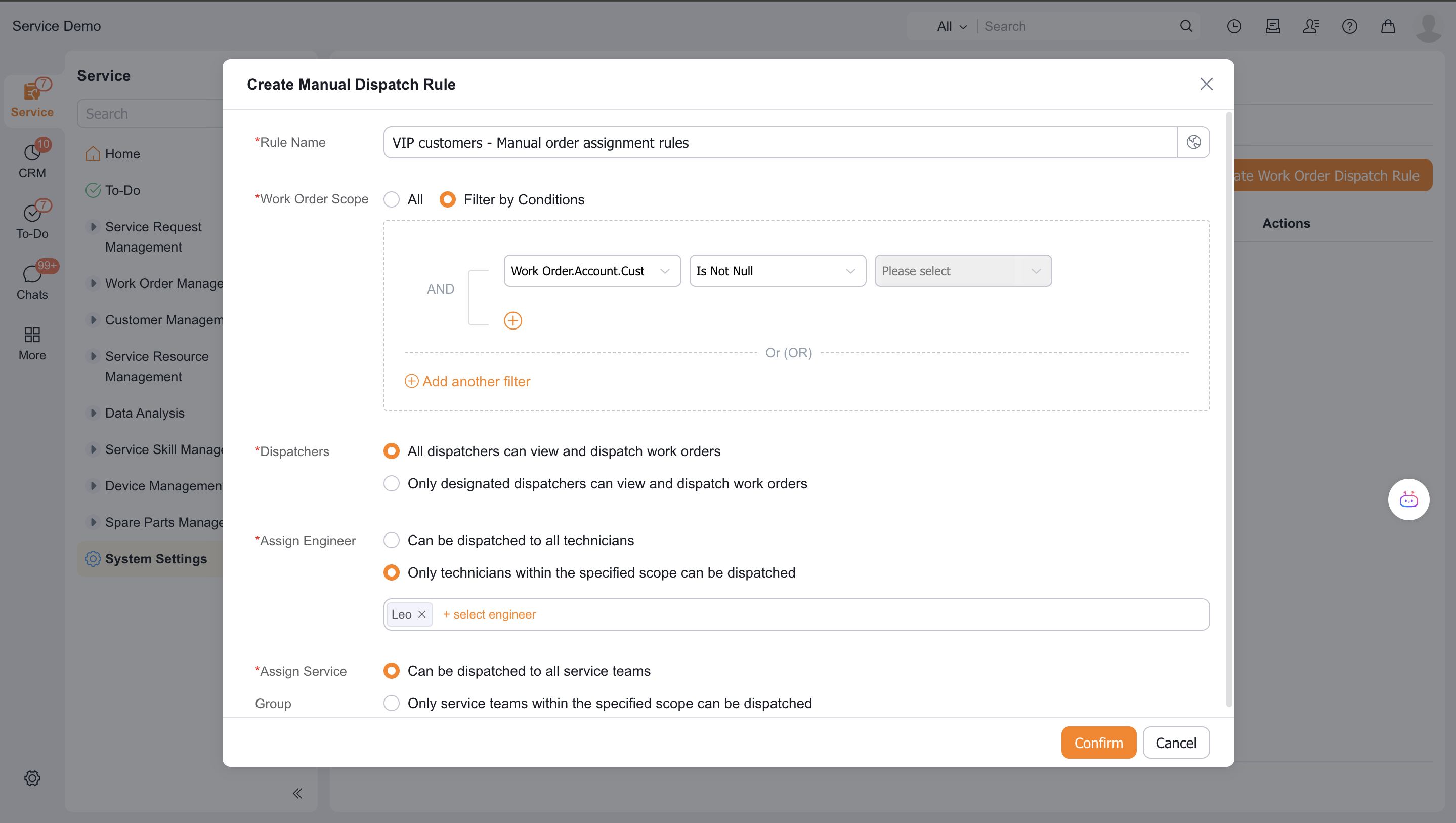 Configure the work order scope, dispatchers, and candidate service groups