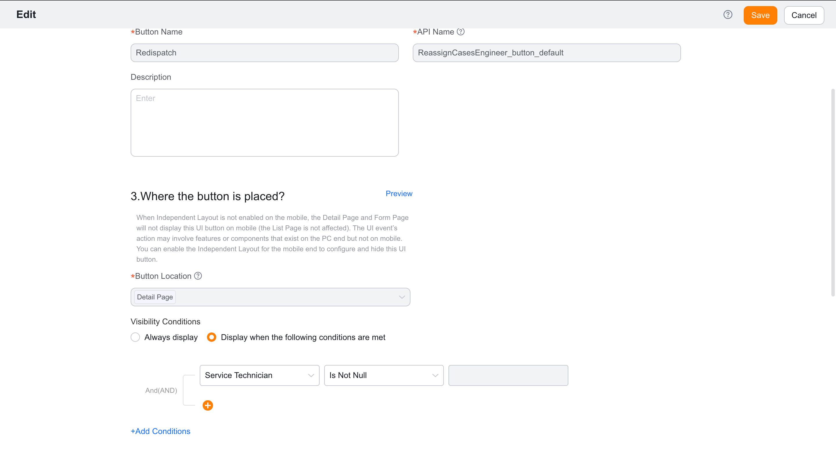 Configure reassignment button display conditions