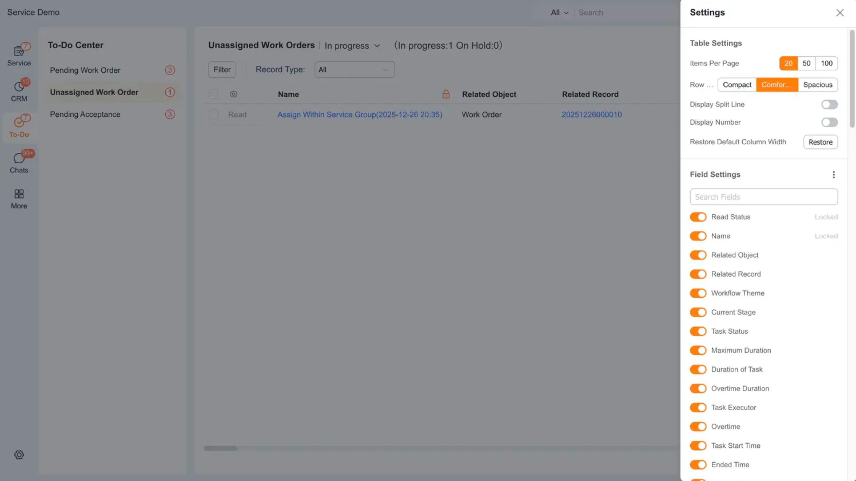 Configure columns for the web list of work orders awaiting assignment