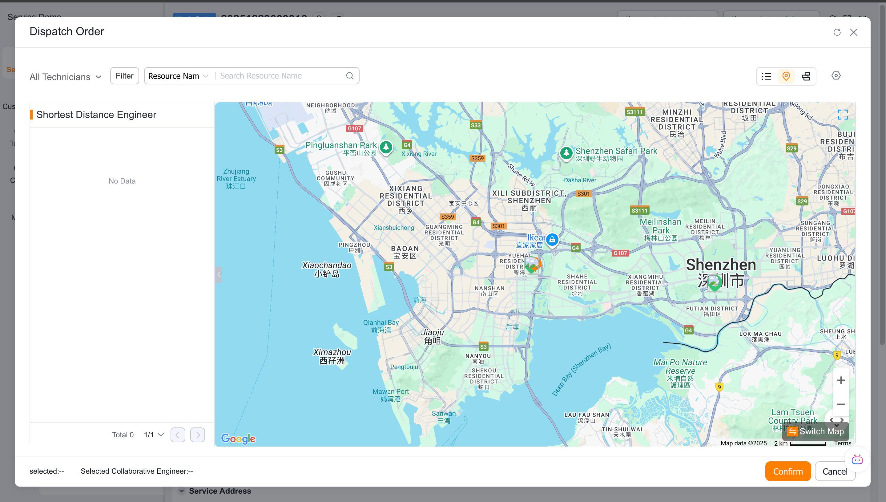 Select an engineer by driving distance and time
