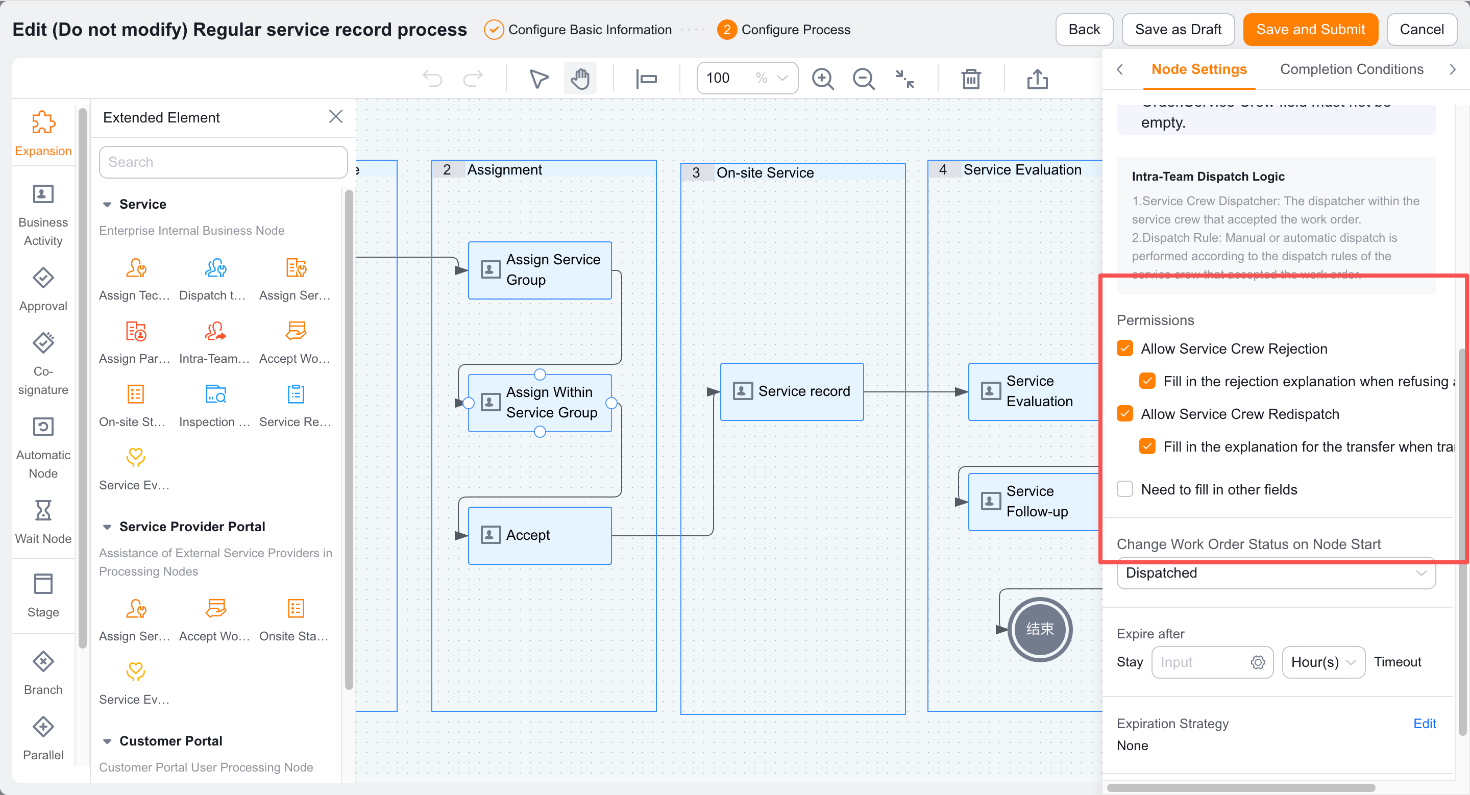 Configure service group rejection, transfer, and reason requirements