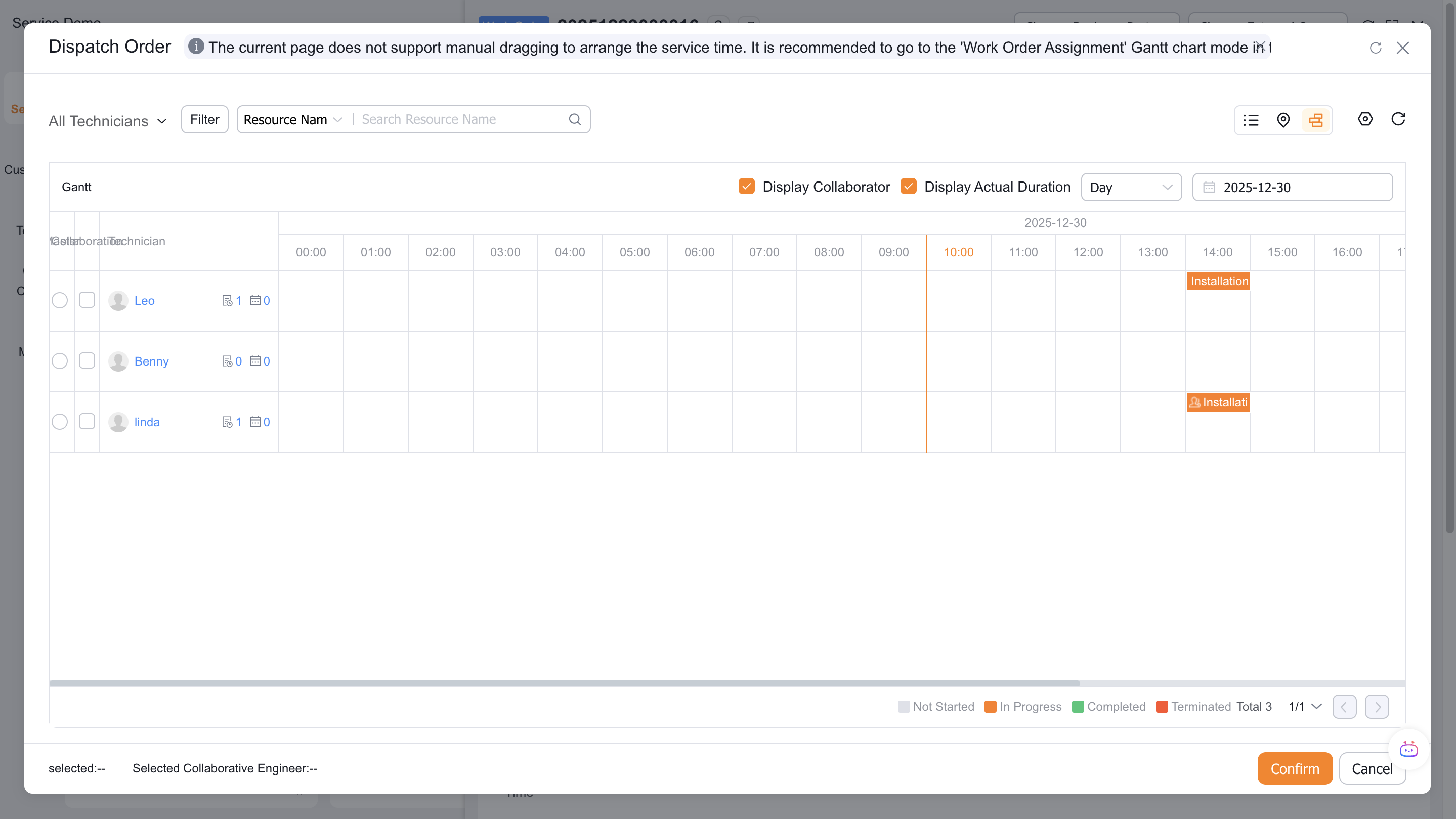 Gantt assignment with automatically matched appointment times