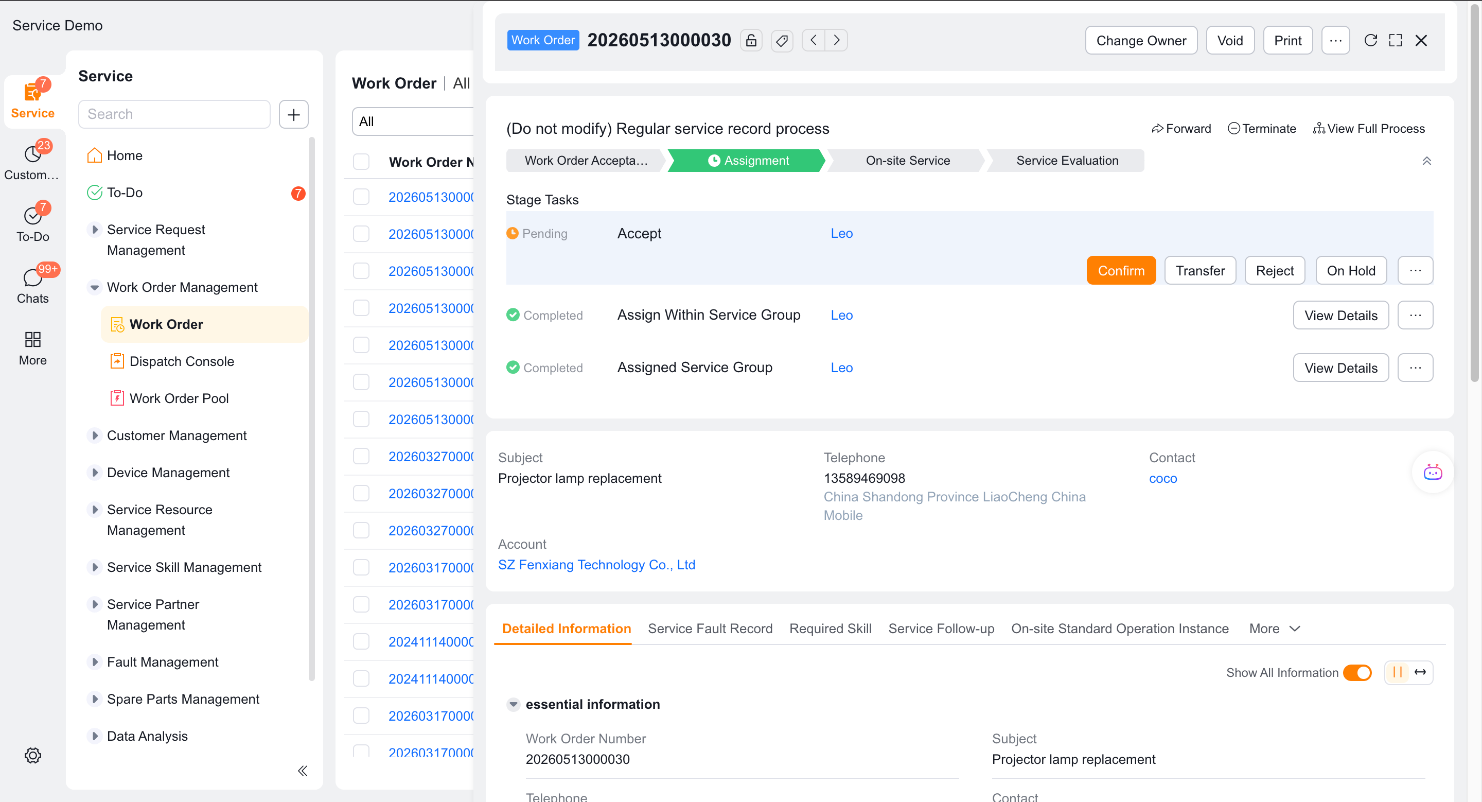 A service group engineer accepts, rejects, or transfers a work order