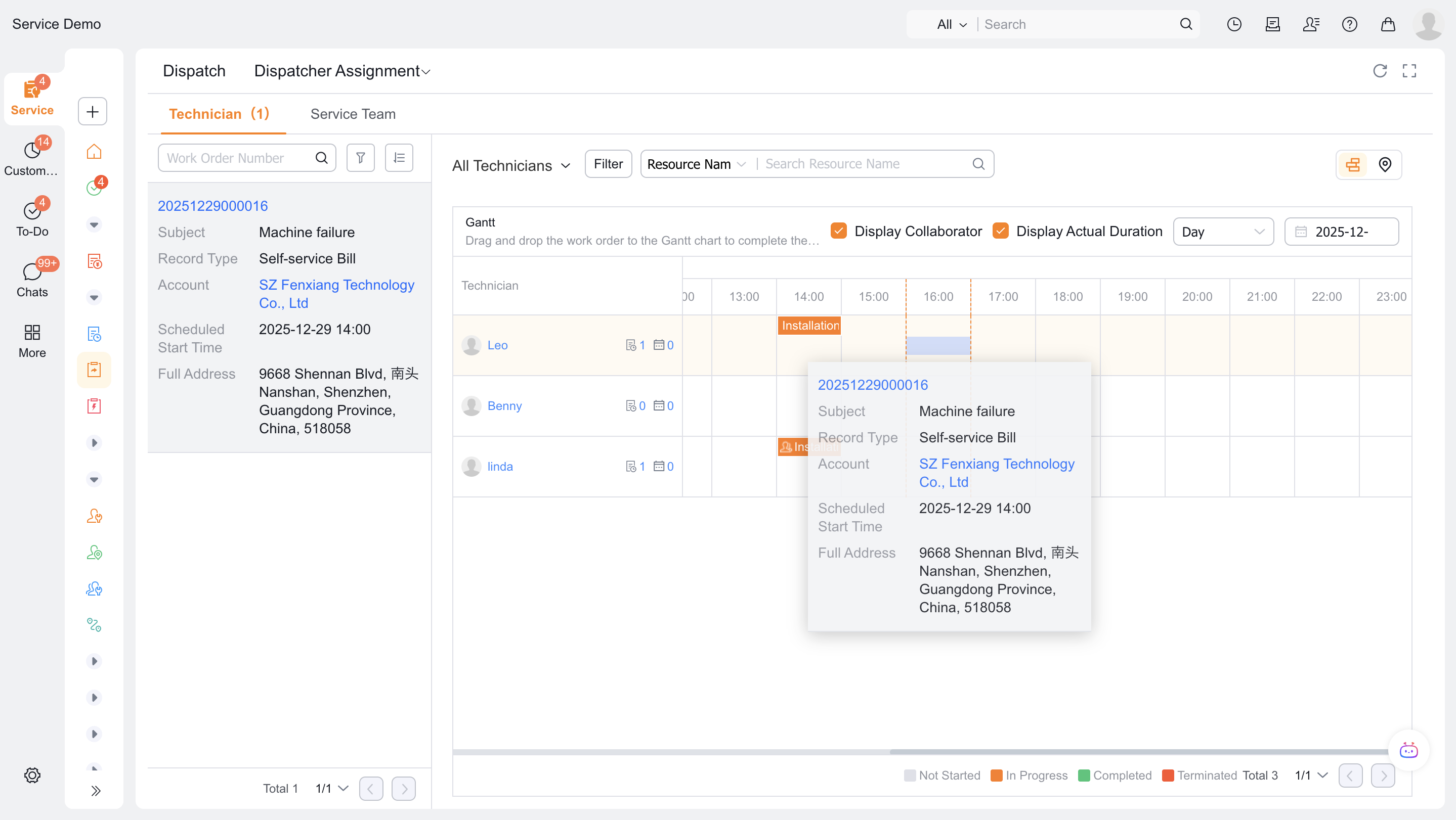 Schedule an engineer and planned service time in Gantt view