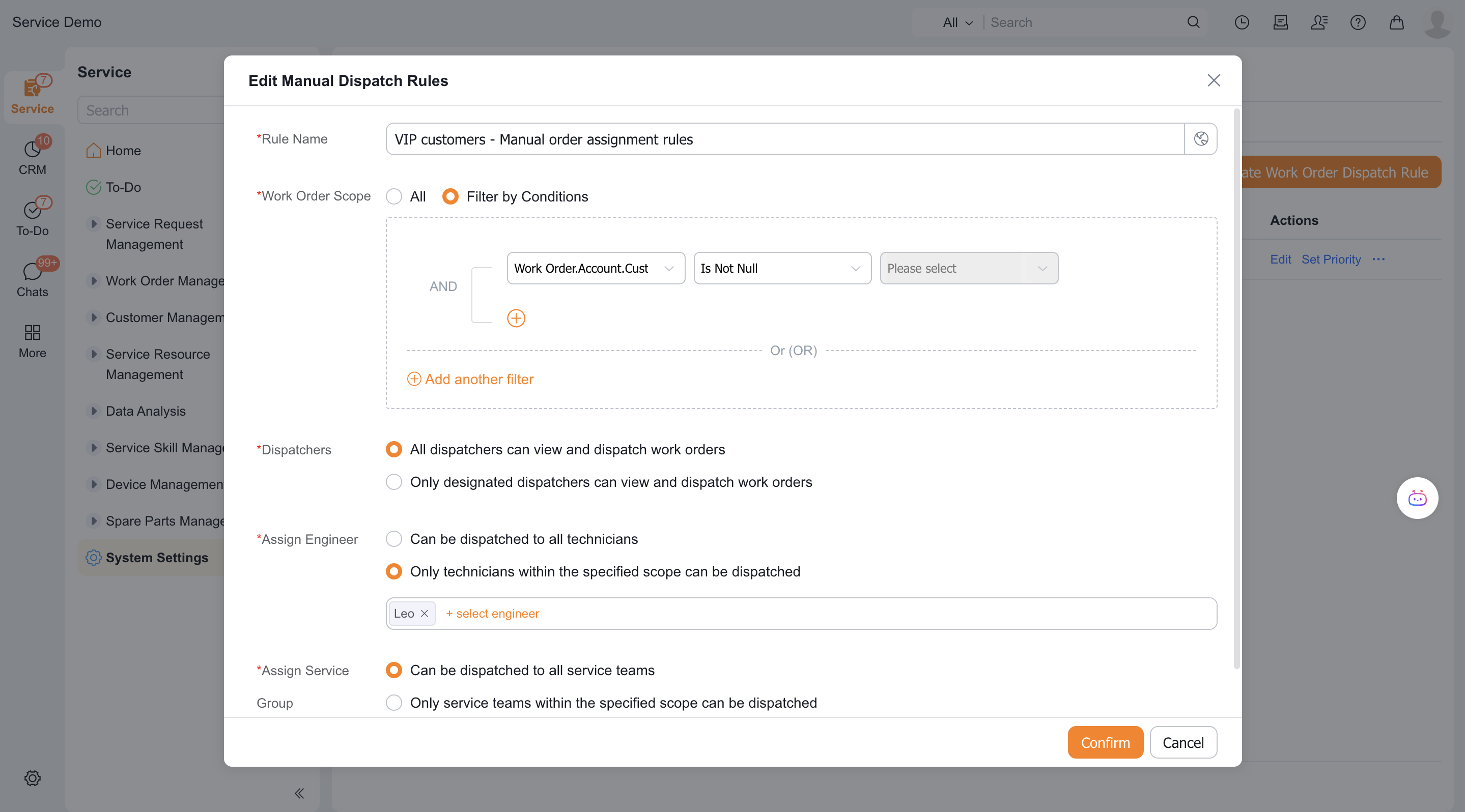 Configure the work order scope, dispatchers, and candidate engineers