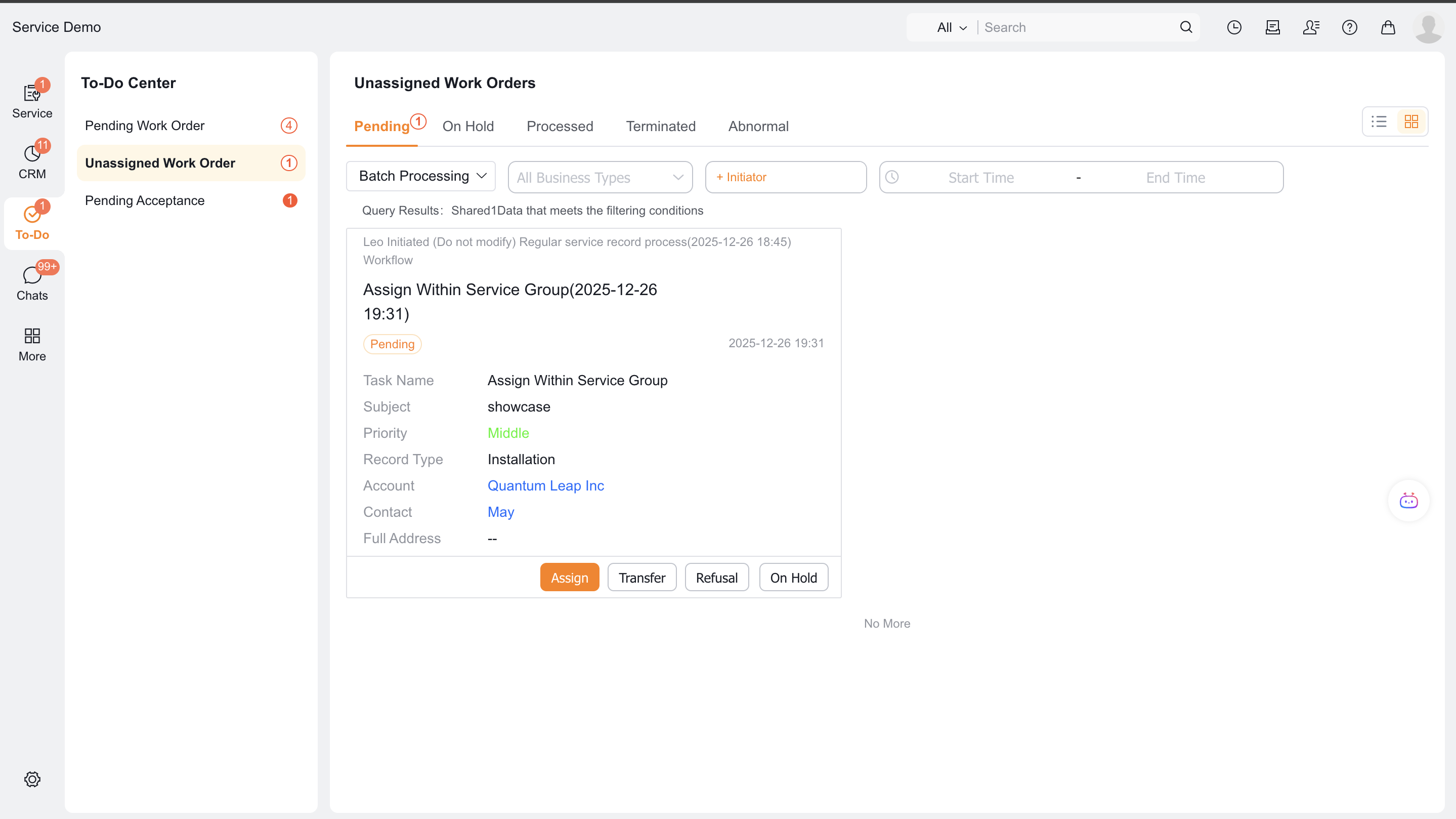 Select an engineer in the service group
