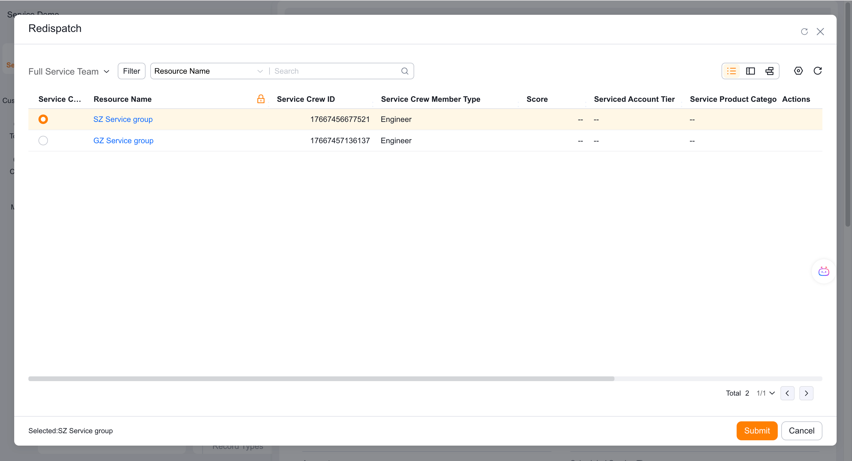 Select a new service group for the work order