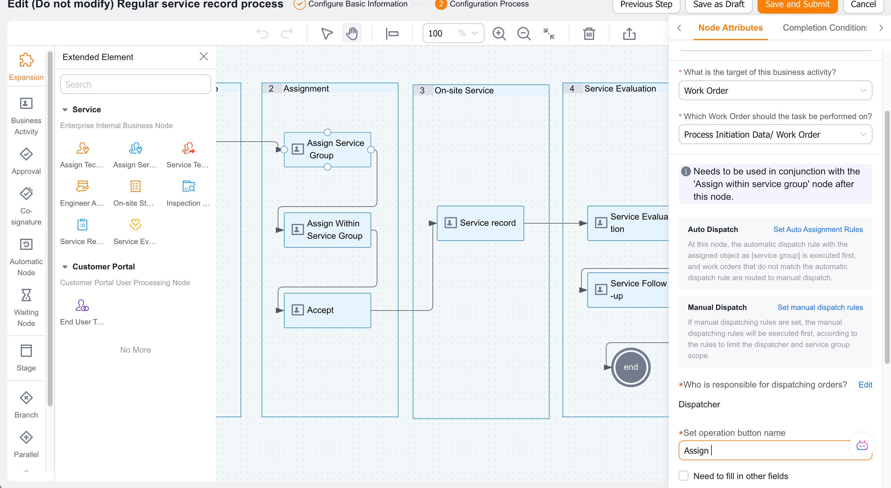 Configure the Assign Service Group node in the workflow