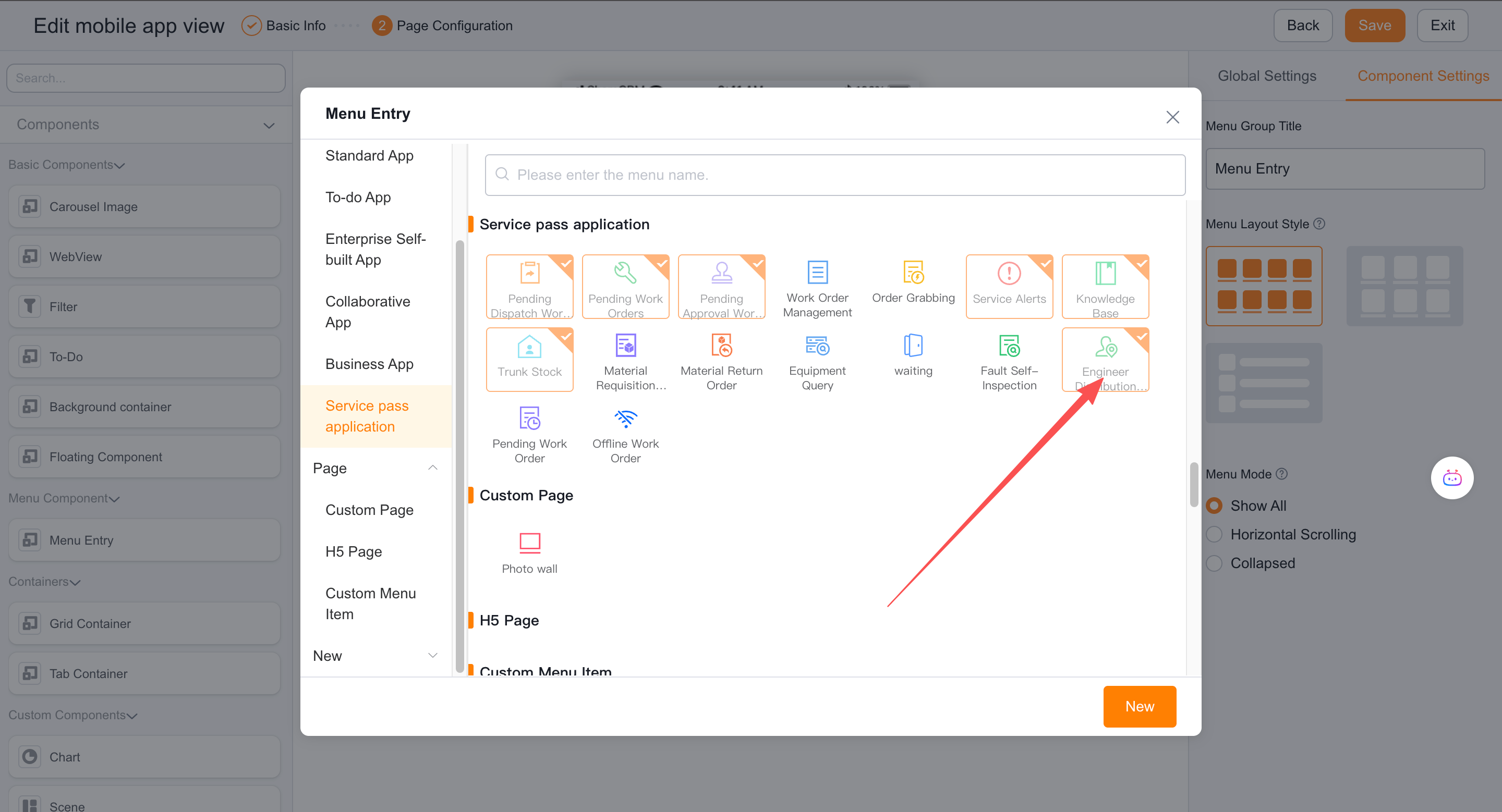 Display the engineer distribution menu in the service channel