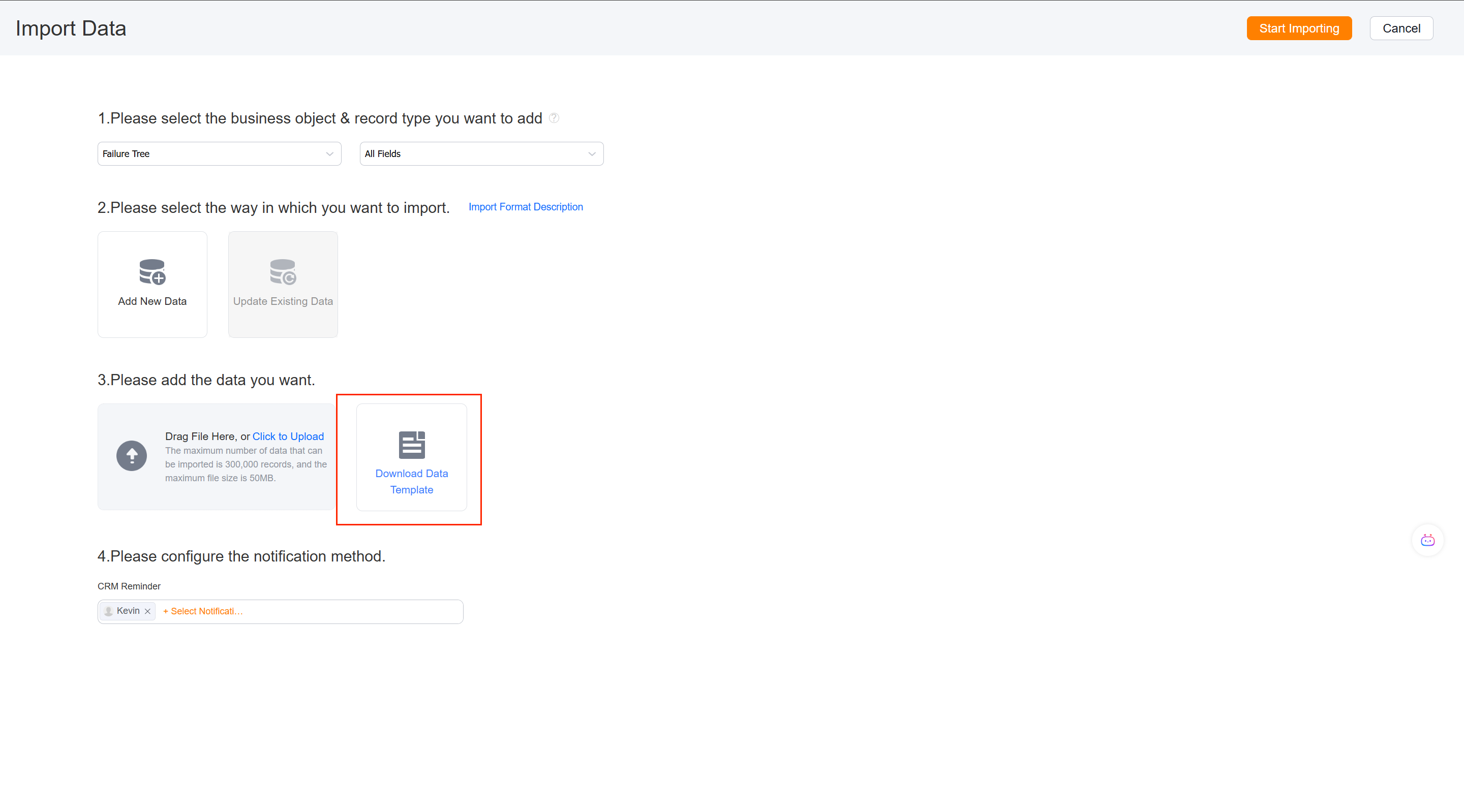 Fault tree import page and data template entry