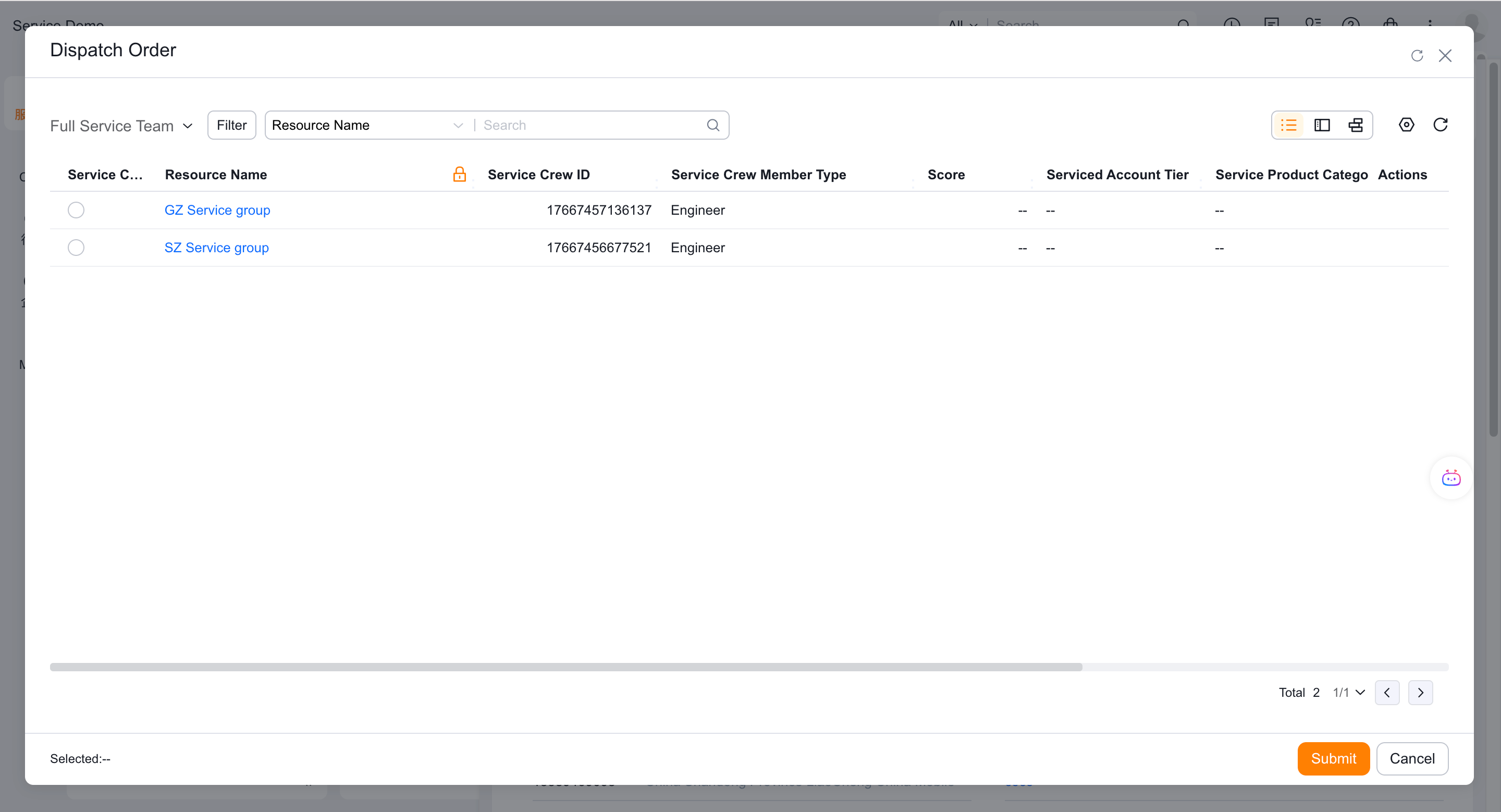 Enterprise dispatcher confirms assignment of external service group