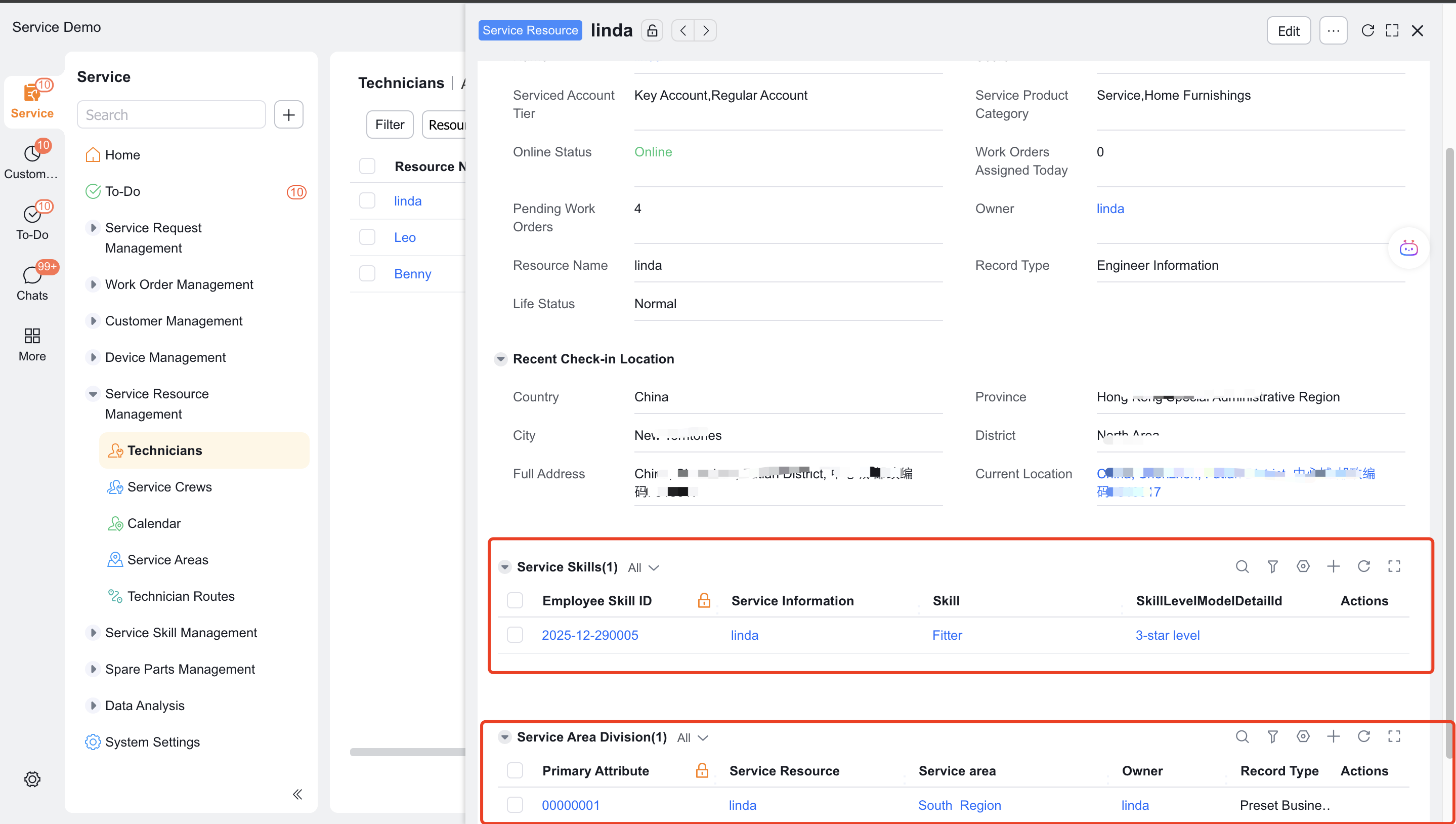 Maintain engineer service information used by dynamic matching