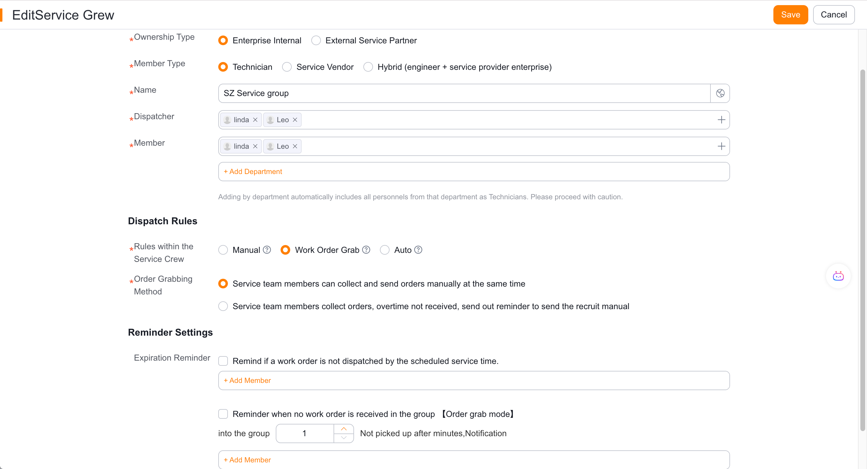 Select work-order claim mode for the service group