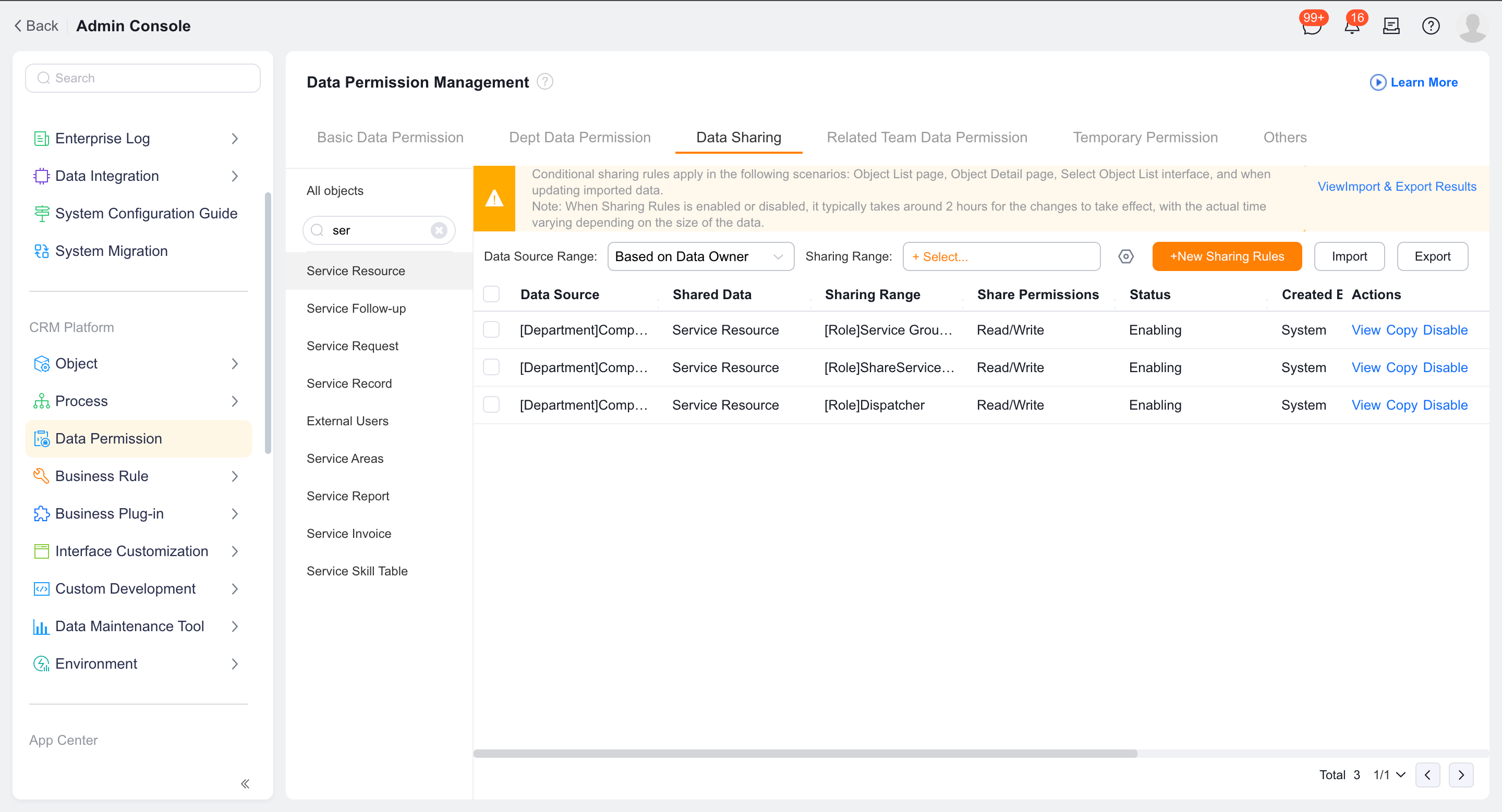 Configure the data sharing scope for the Service Information object