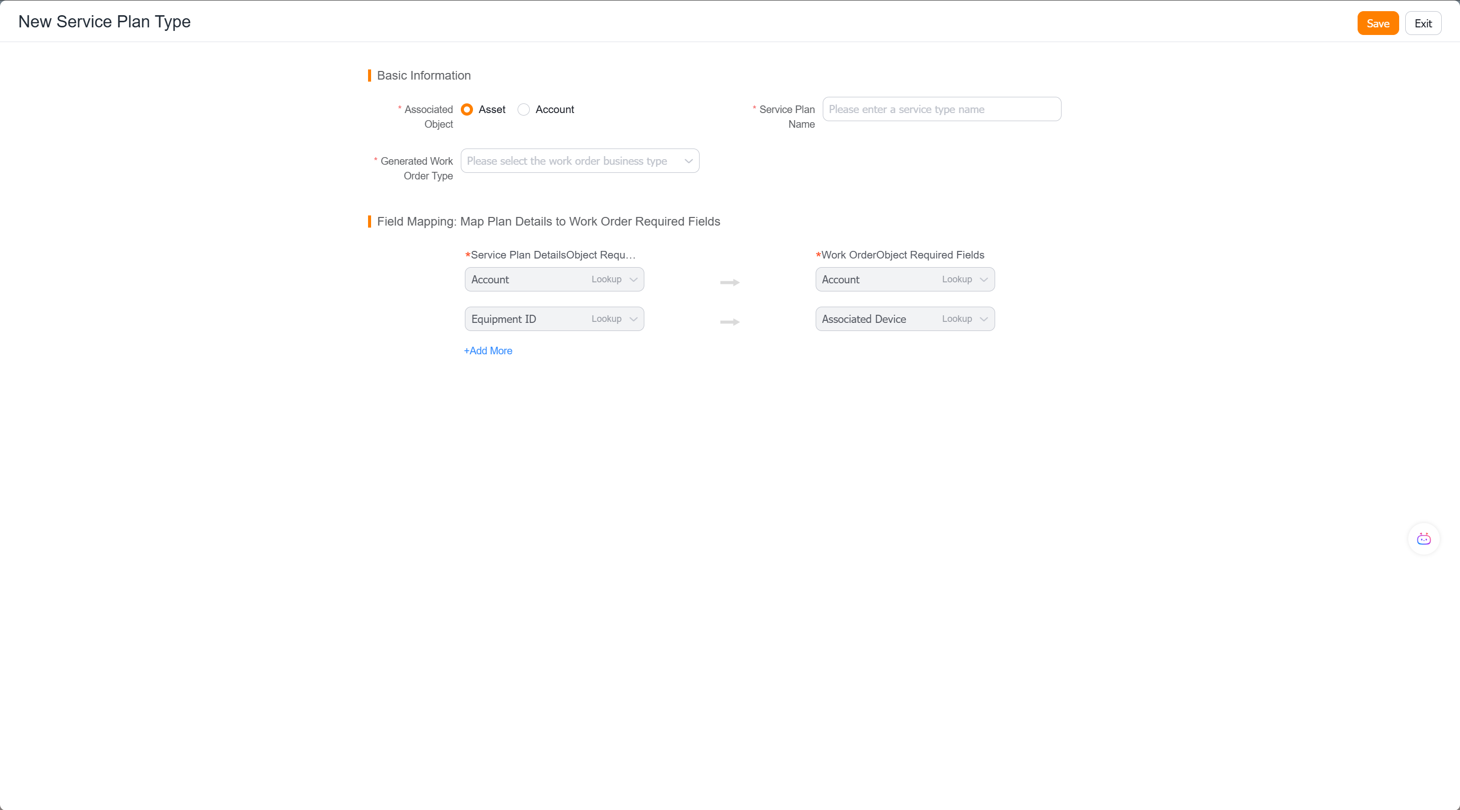 Create a new service plan type and set object and work order field mapping