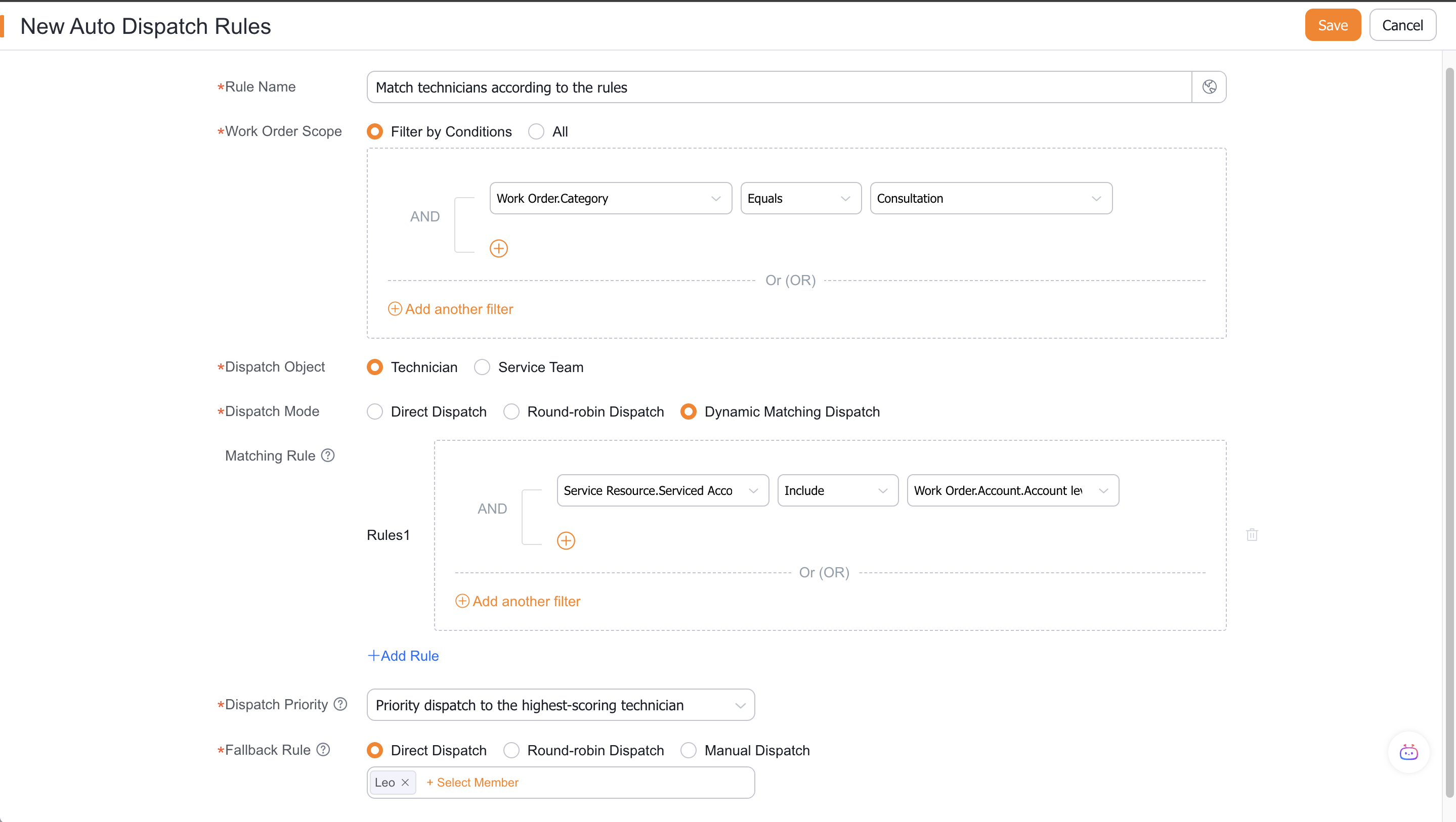 Configure dynamic matching conditions and dispatch priority