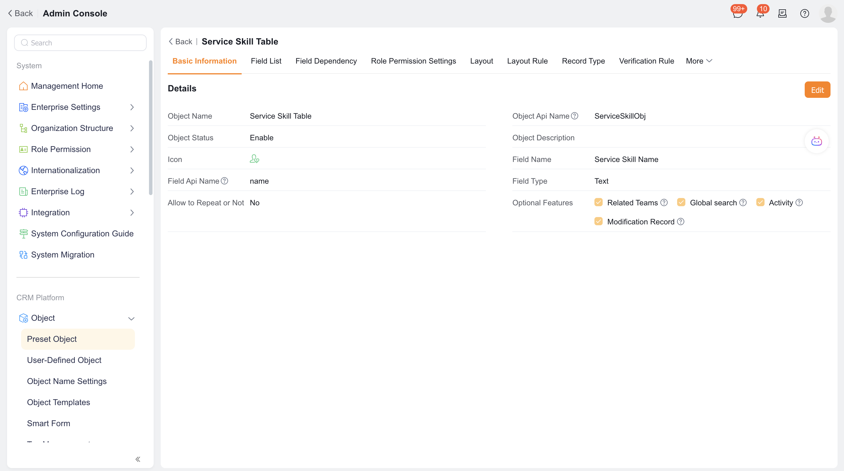 View service skill table object