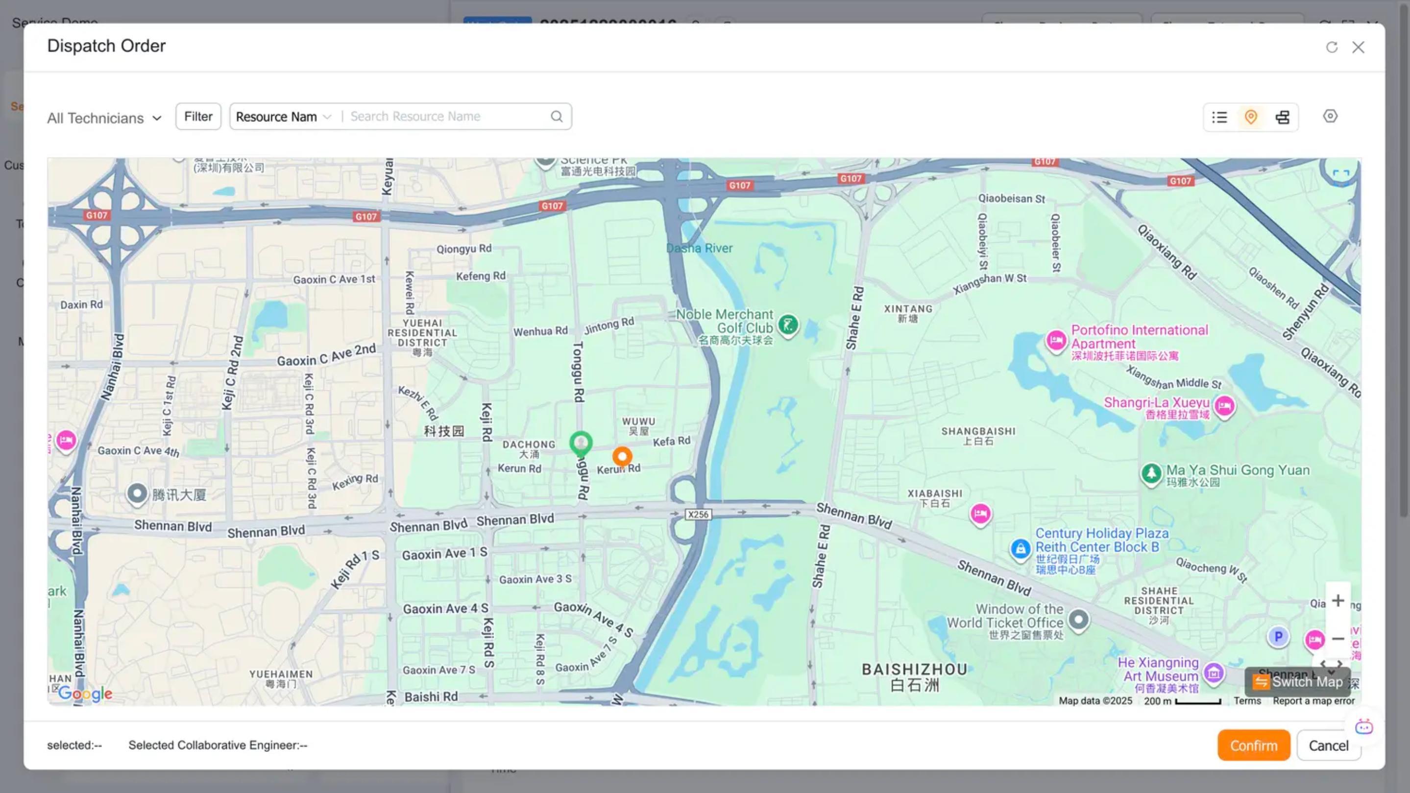 The dispatcher views nearby service resources on the map