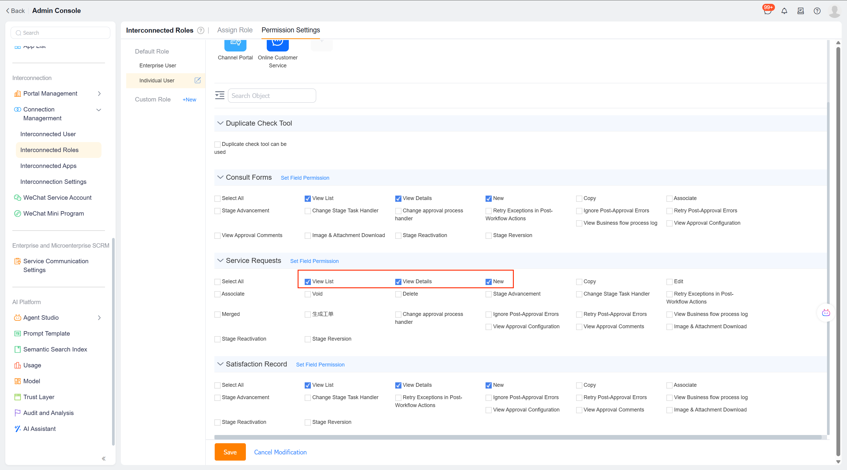Grant service request viewing and new creation permissions to individual users