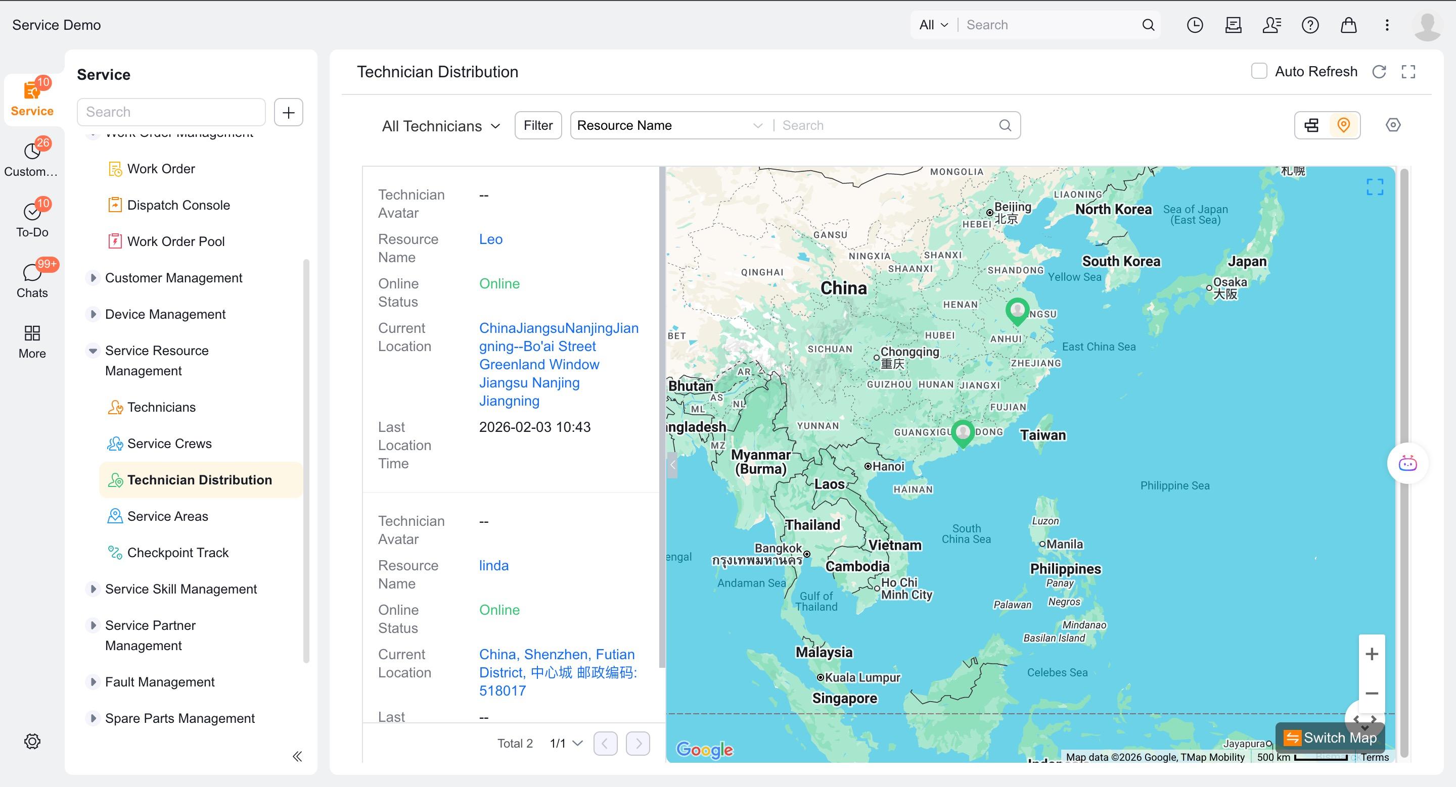 View engineers with location information on the map