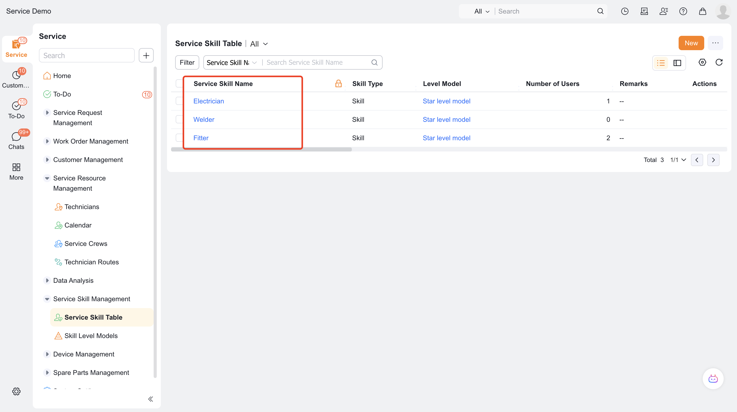 Create a new skill from the service skill table