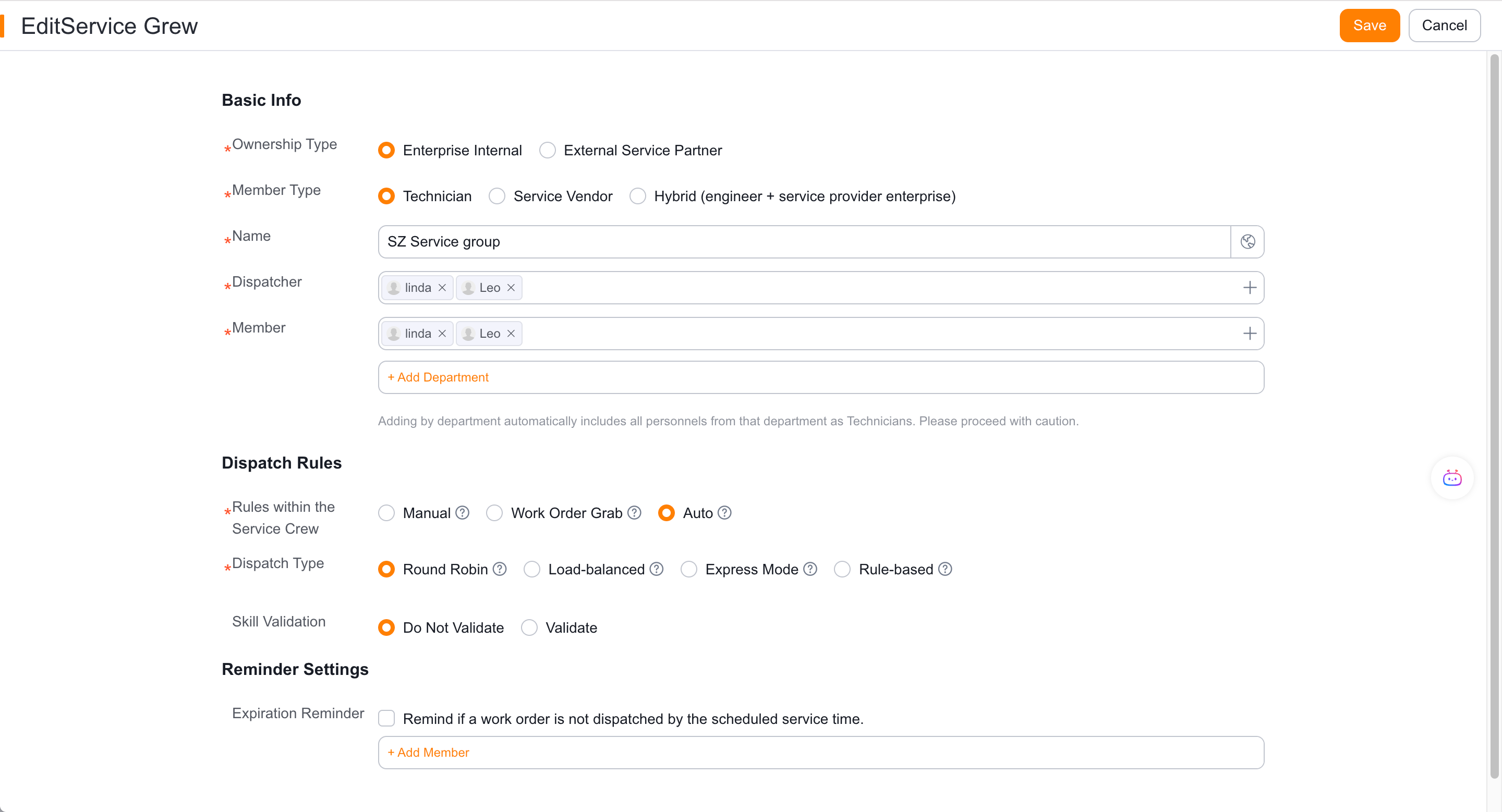 Select the auto dispatch method within the service group