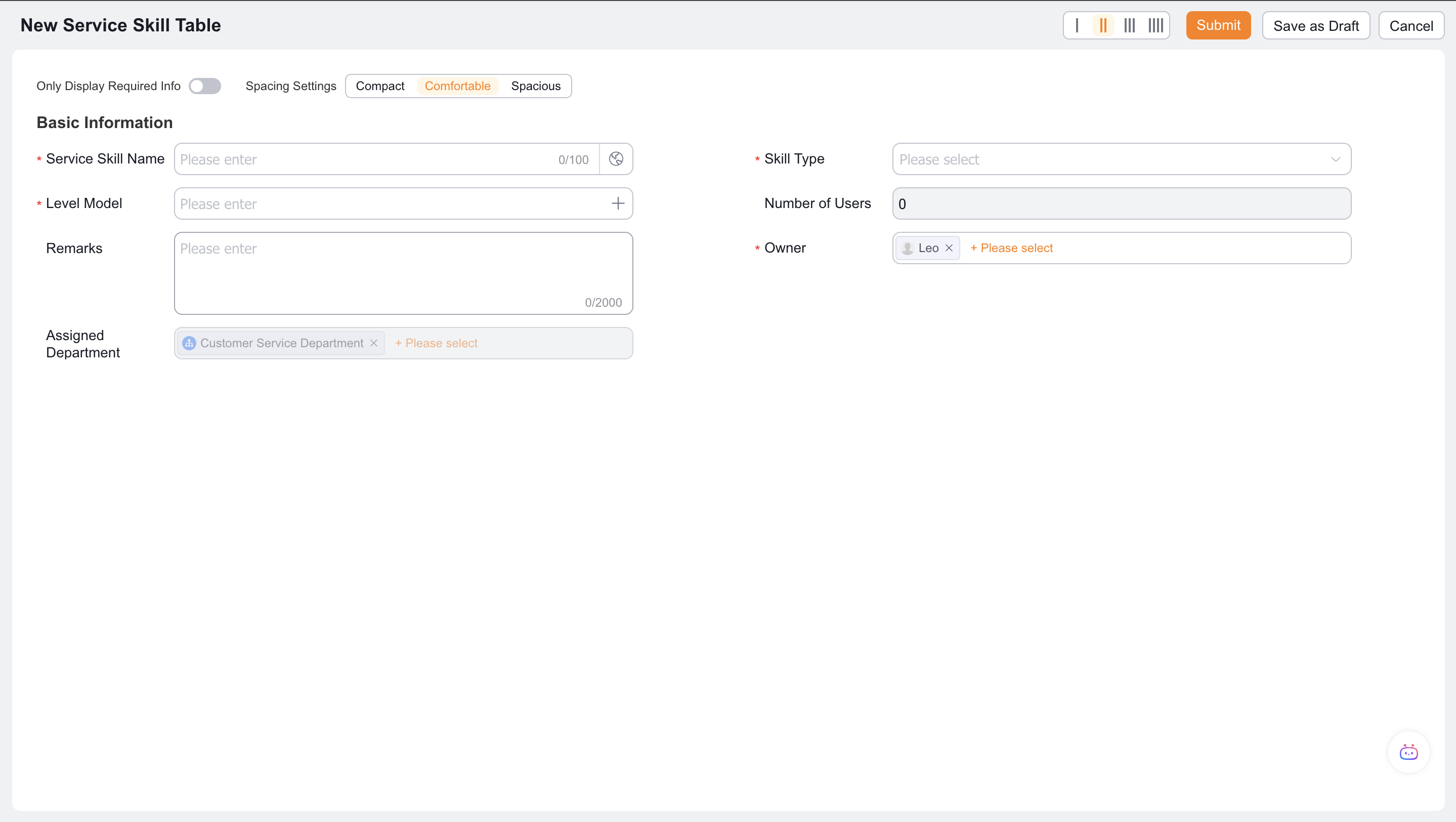 Fill in the service skills and select the level model