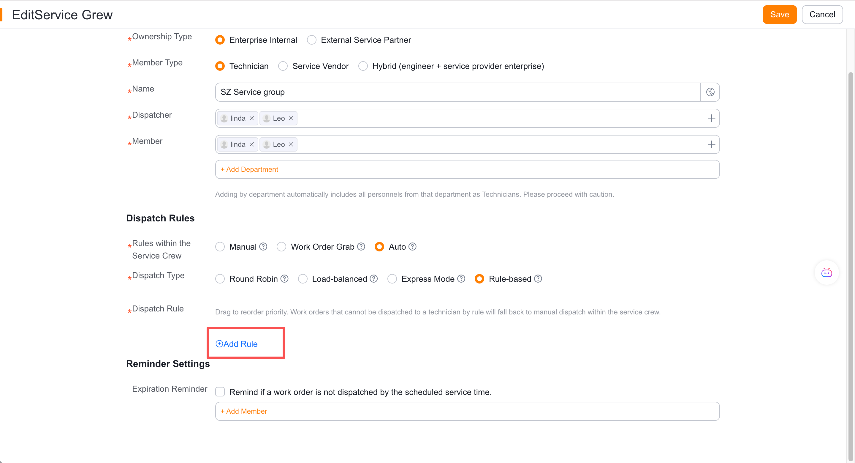 Add auto dispatch rules within service groups