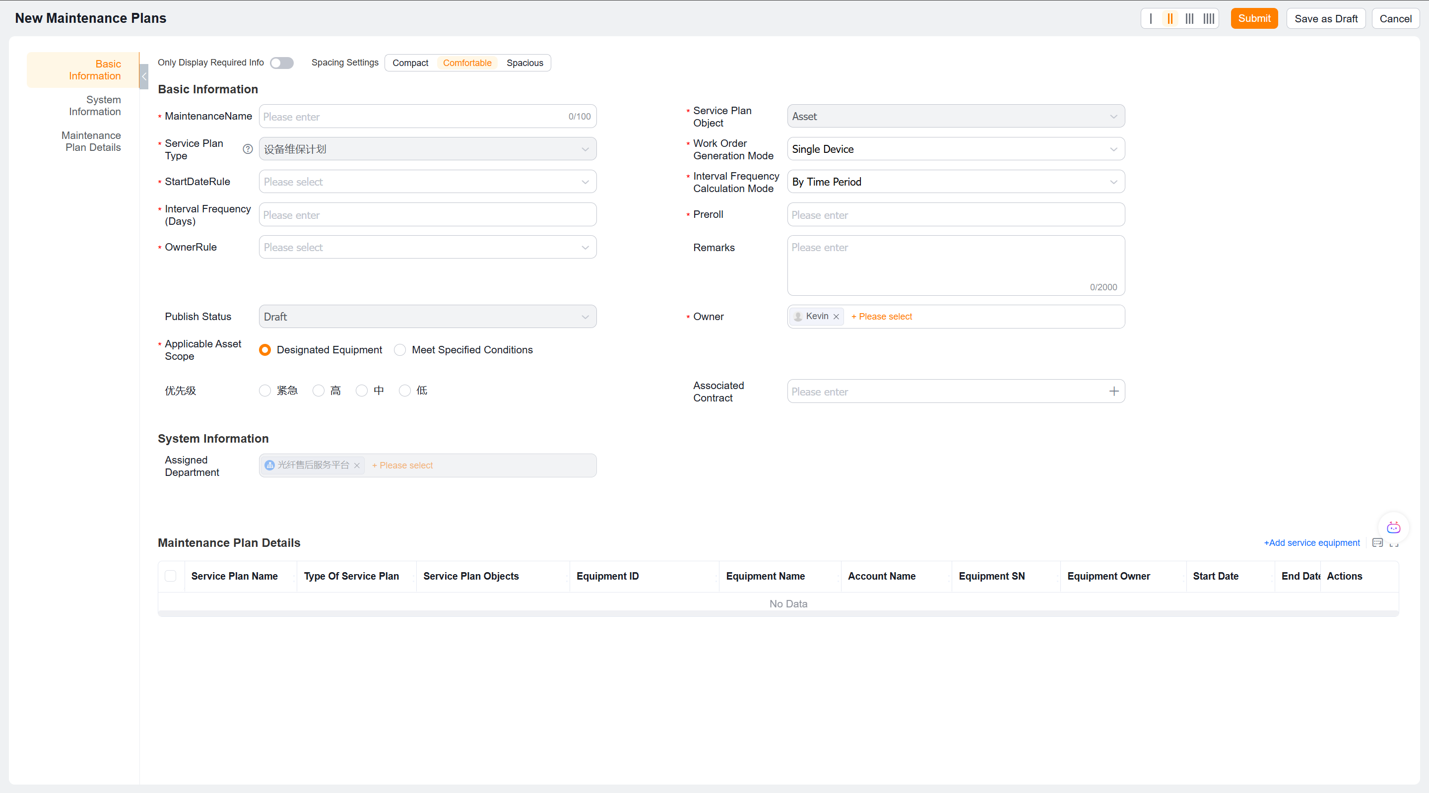 Configure the applicable scope, system information and service plan details of the service plan